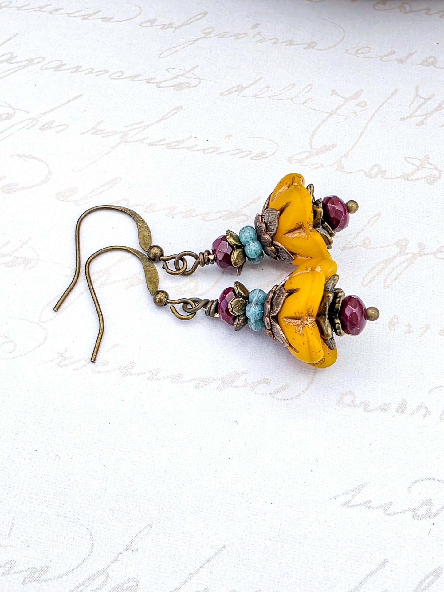 Victorian Style Czech Flower Dangle Earrings