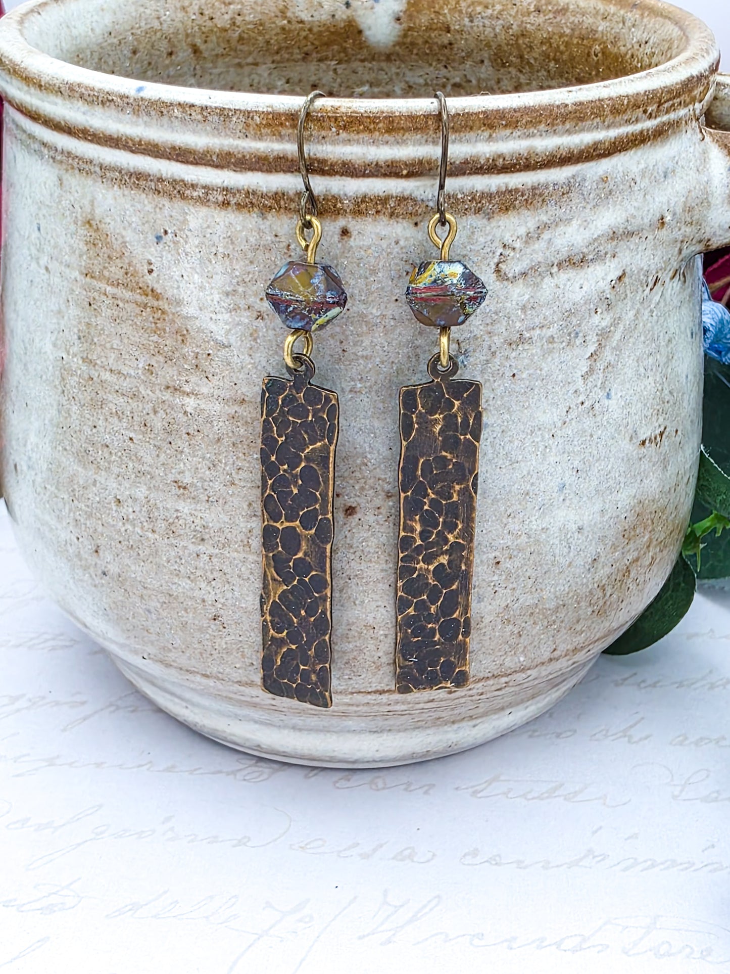 Hammered Brass and Rustic Czech Glass Drop Earrings