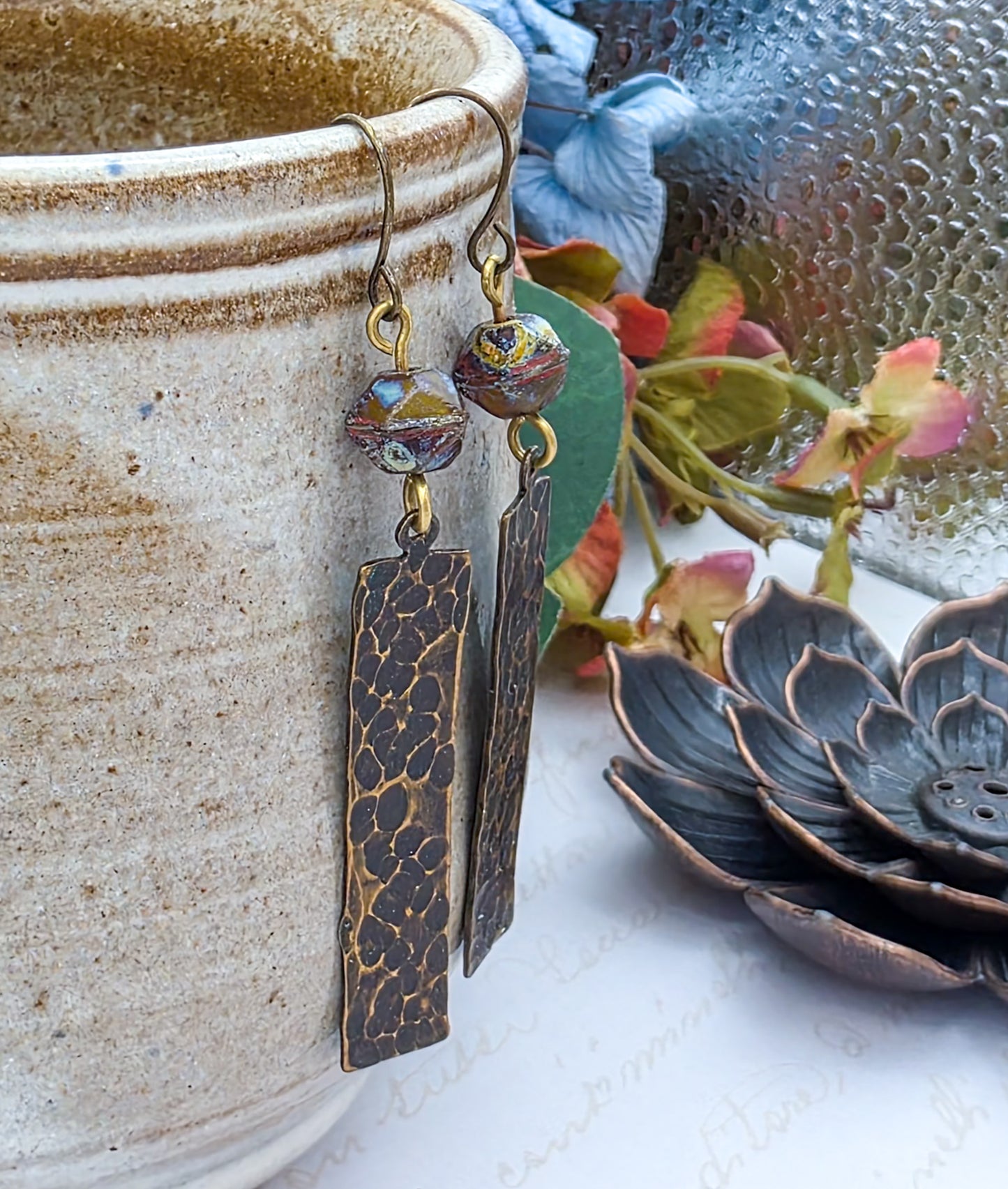 Hammered Brass and Rustic Czech Glass Drop Earrings