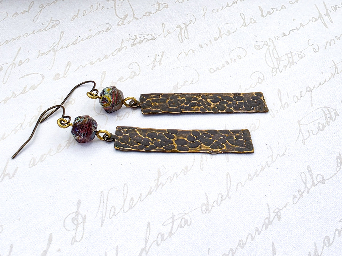 Hammered Brass and Rustic Czech Glass Drop Earrings