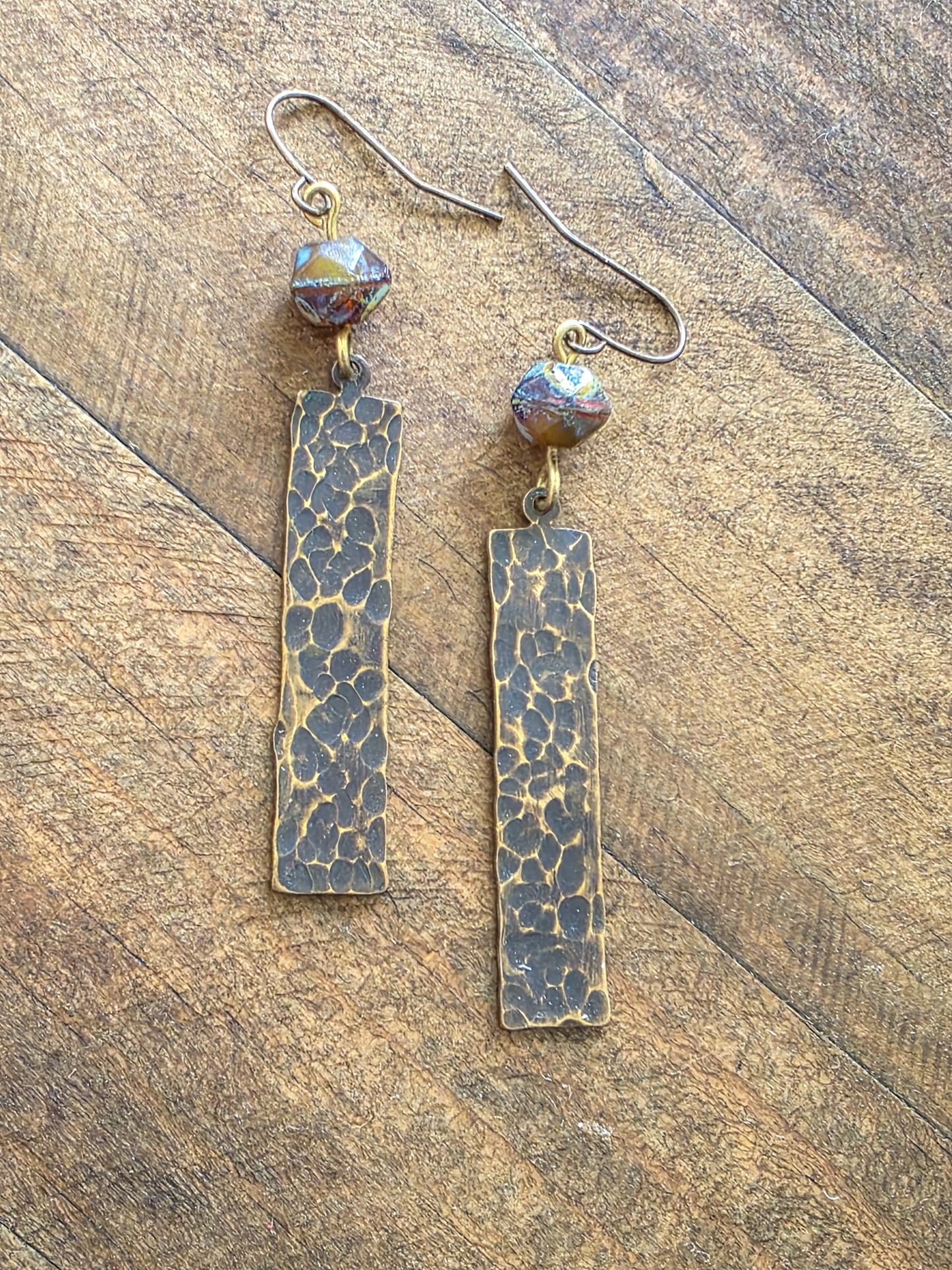 Hammered Brass and Rustic Czech Glass Drop Earrings