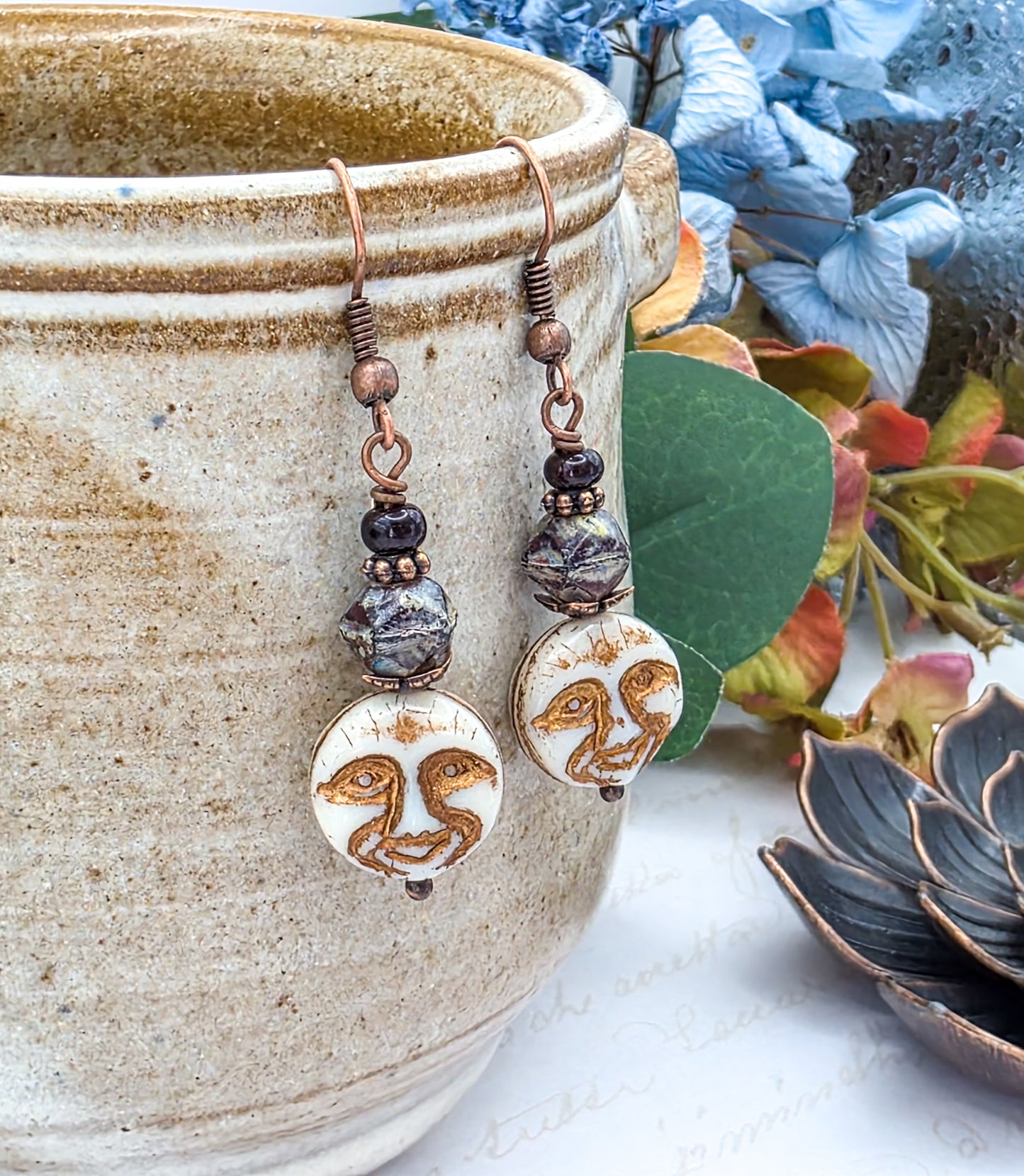 Moon Face Rustic Dangle Earrings