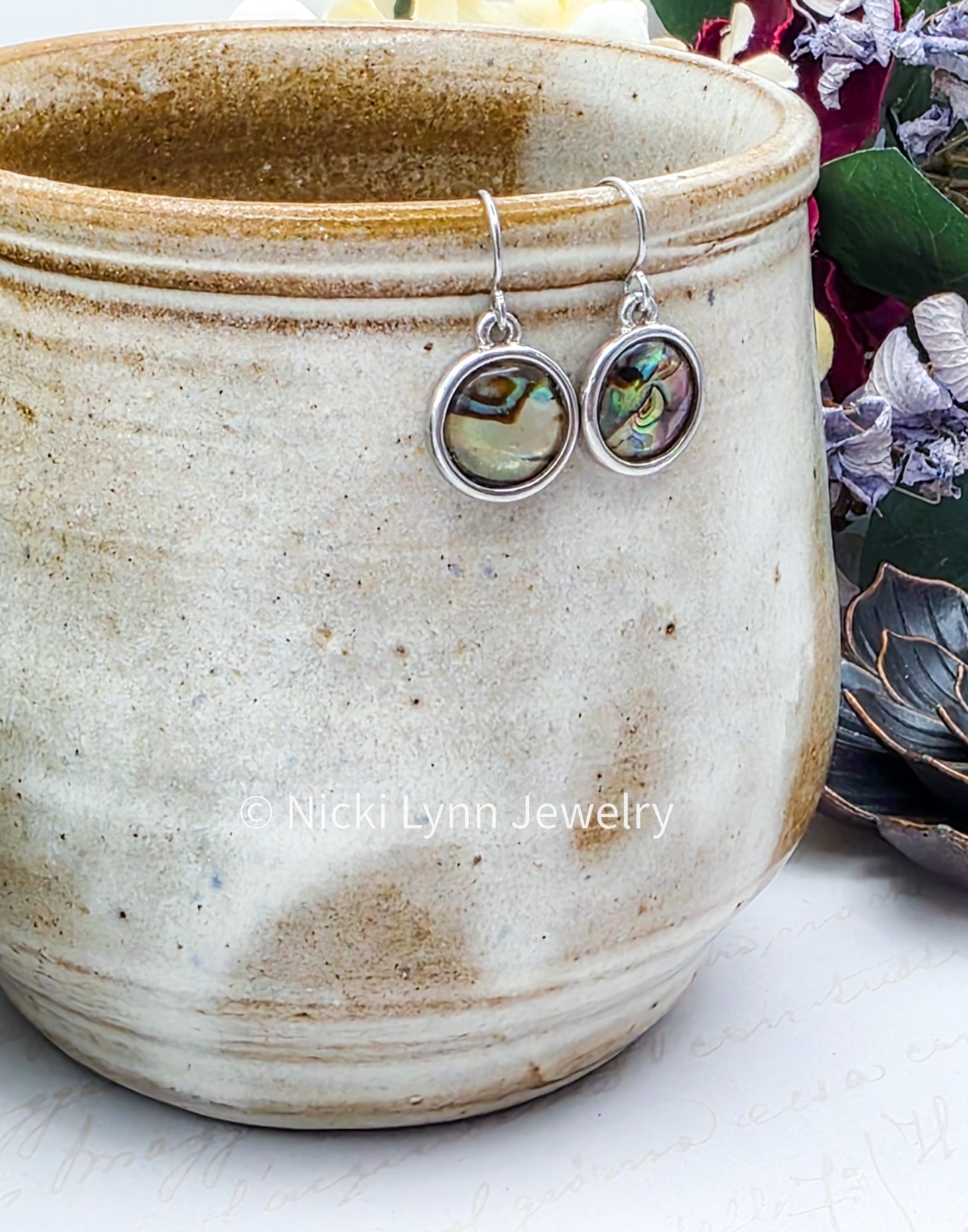 Silver Round Abalone Shell Dangle Drop Earrings- Nicki Lynn Jewelry