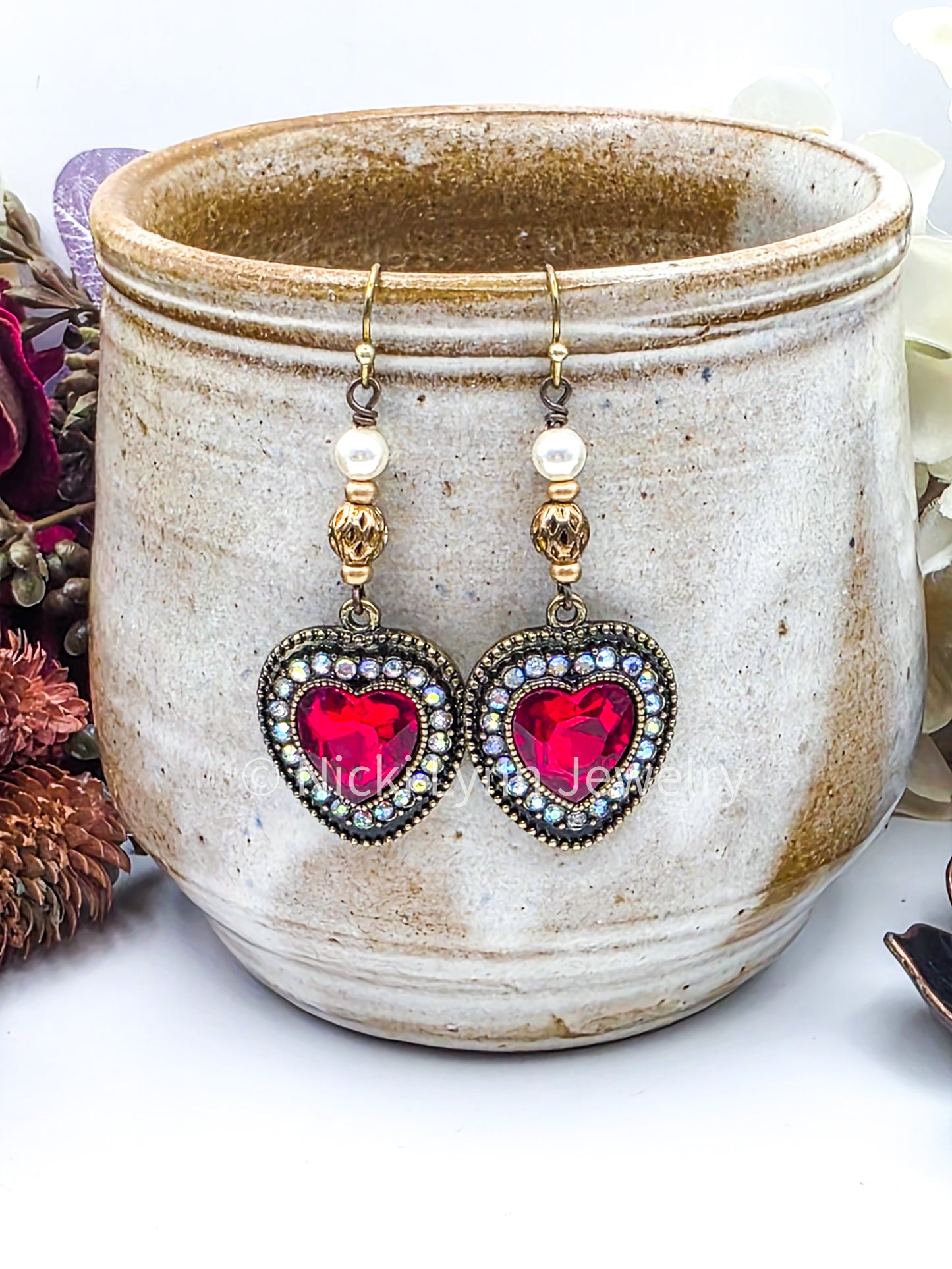 Red Heart Rhinestone Dangle Earrings – Burnished Gold, Nicki Lynn Jewelry