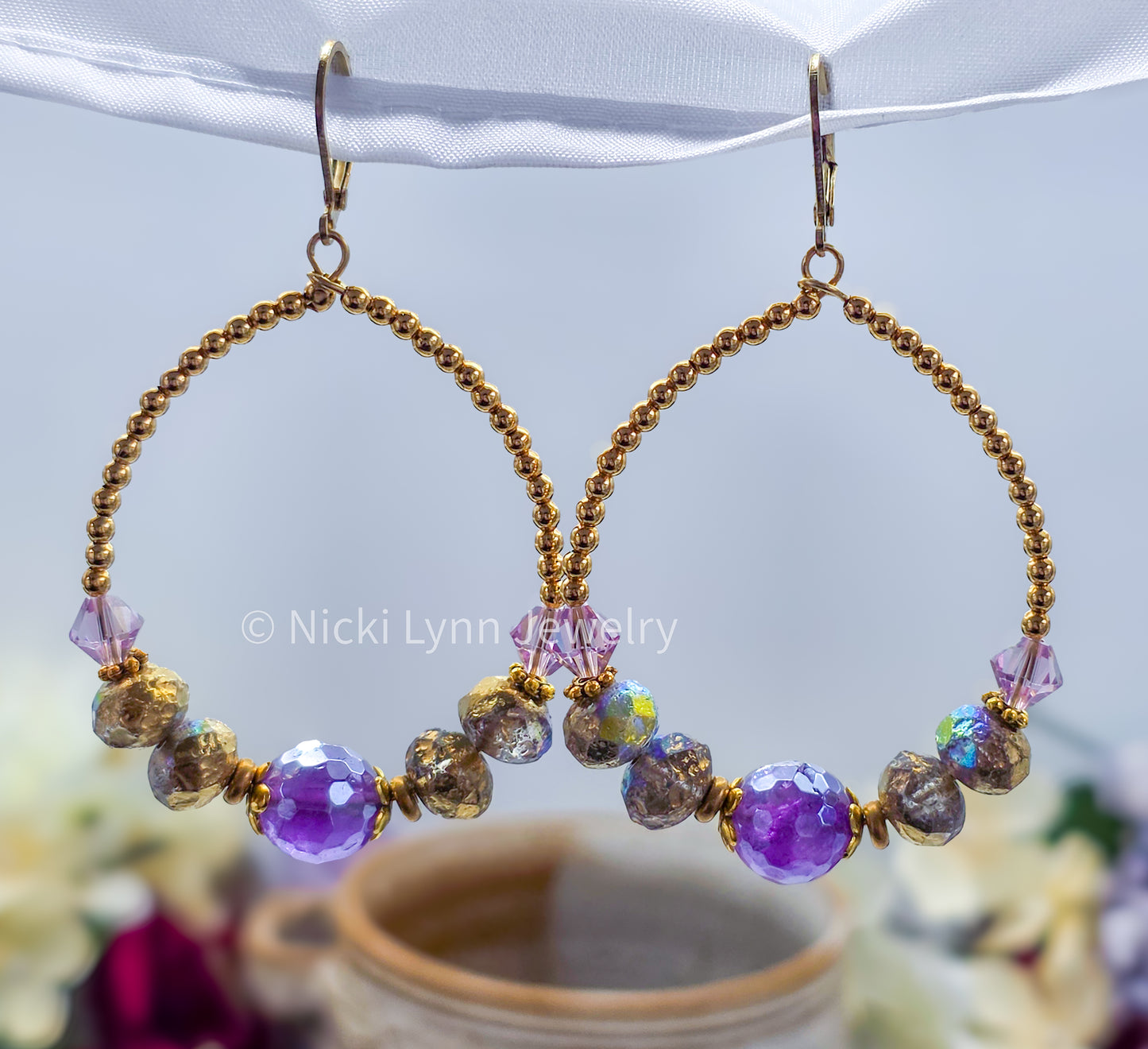 Amethyst Boho Hoop Earrings with Czech Glass & Swarovski Crystals, Nicki Lynn Jewelry