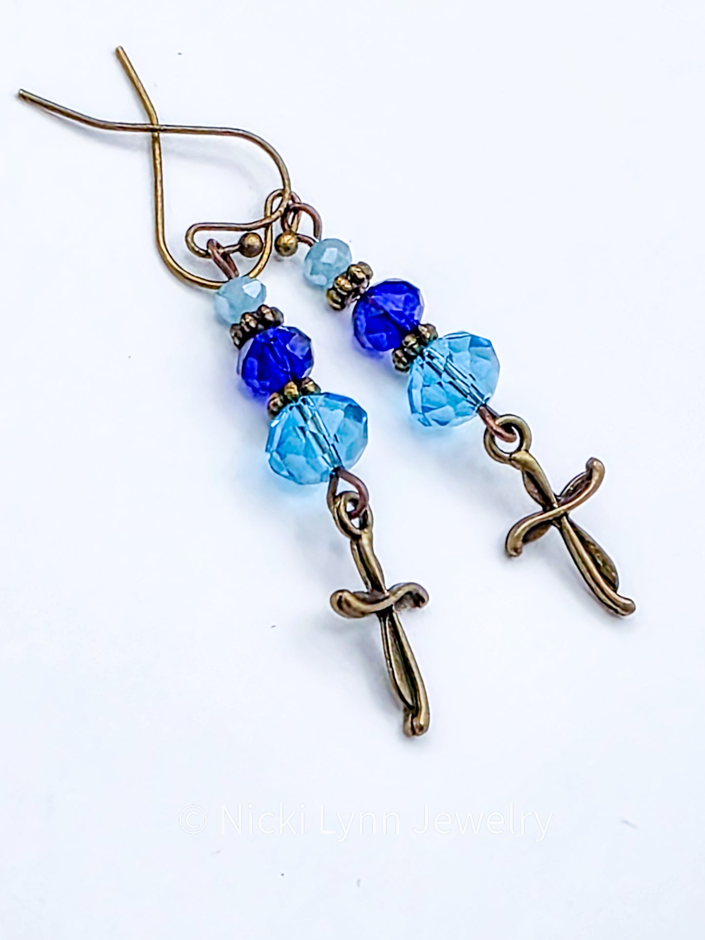 Blue Czech Glass Cross Dangle Earrings, Nicki Lynn Jewelry