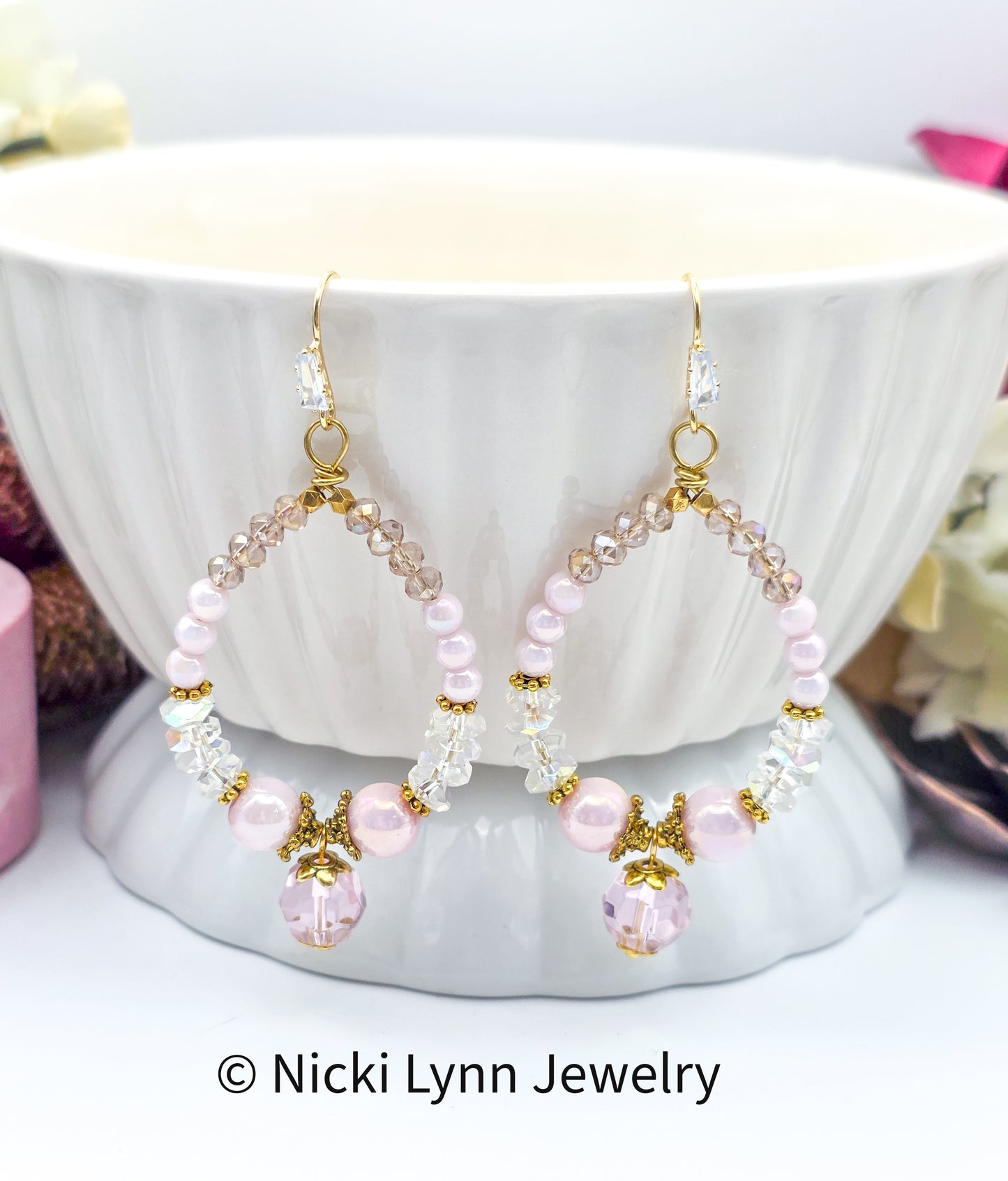 Blush Pink Crystal Czech Glass Hoop Earrings, Nicki Lynn Jewelry