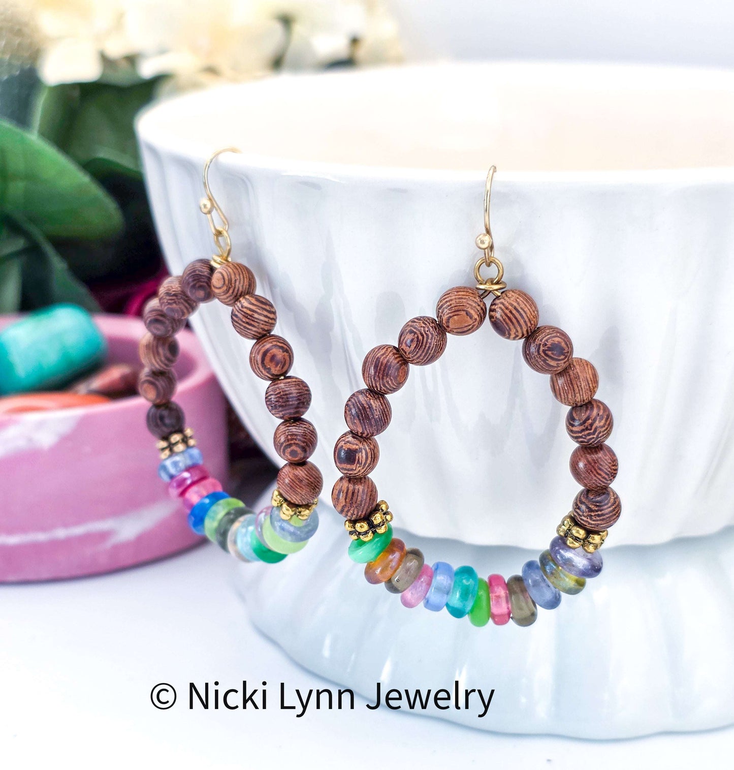 Rosewood Bead Hoop Earrings with Multicolor Glass Beads, Nicki Lynn Jewelry