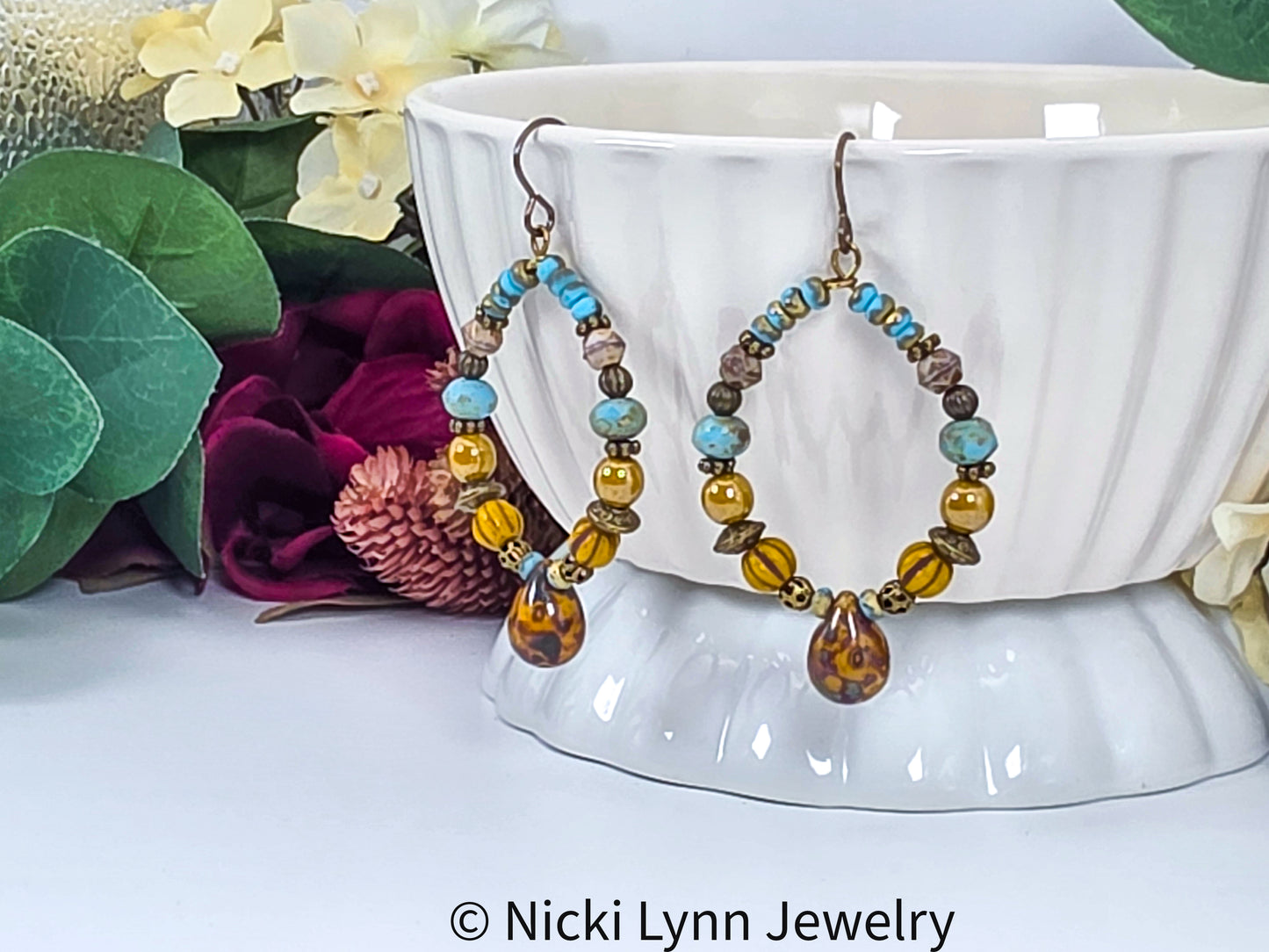 Boho Turquoise & Mustard Beaded Hoop Earrings, Nicki Lynn Jewelry