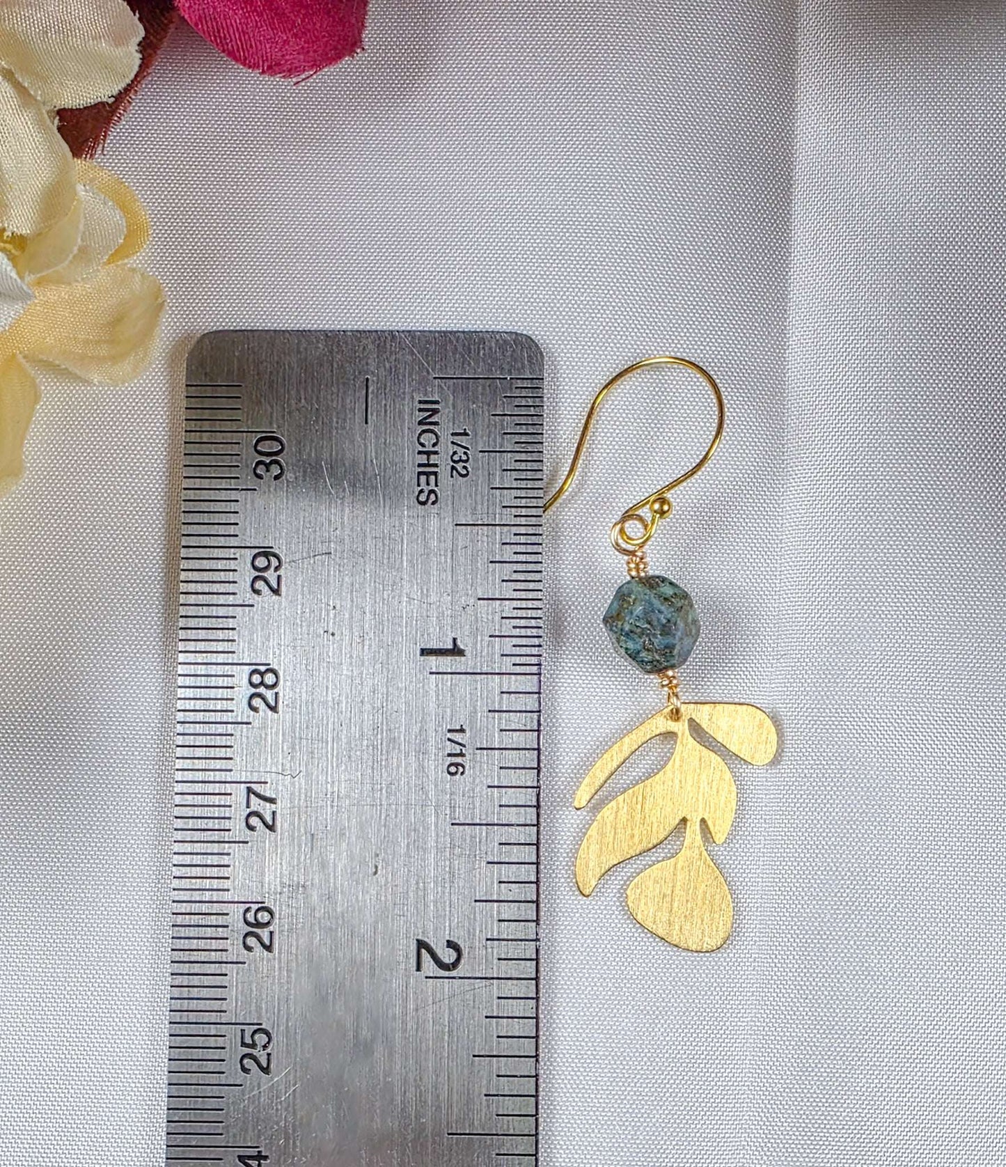 Gold Leaf Earrings with Blue Apatite Gemstones, Nicki Lynn Jewelry