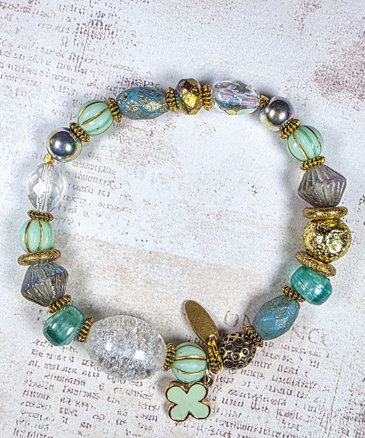 Mint and aqua Czech glass beaded bracelet with quartz focal and brass accents