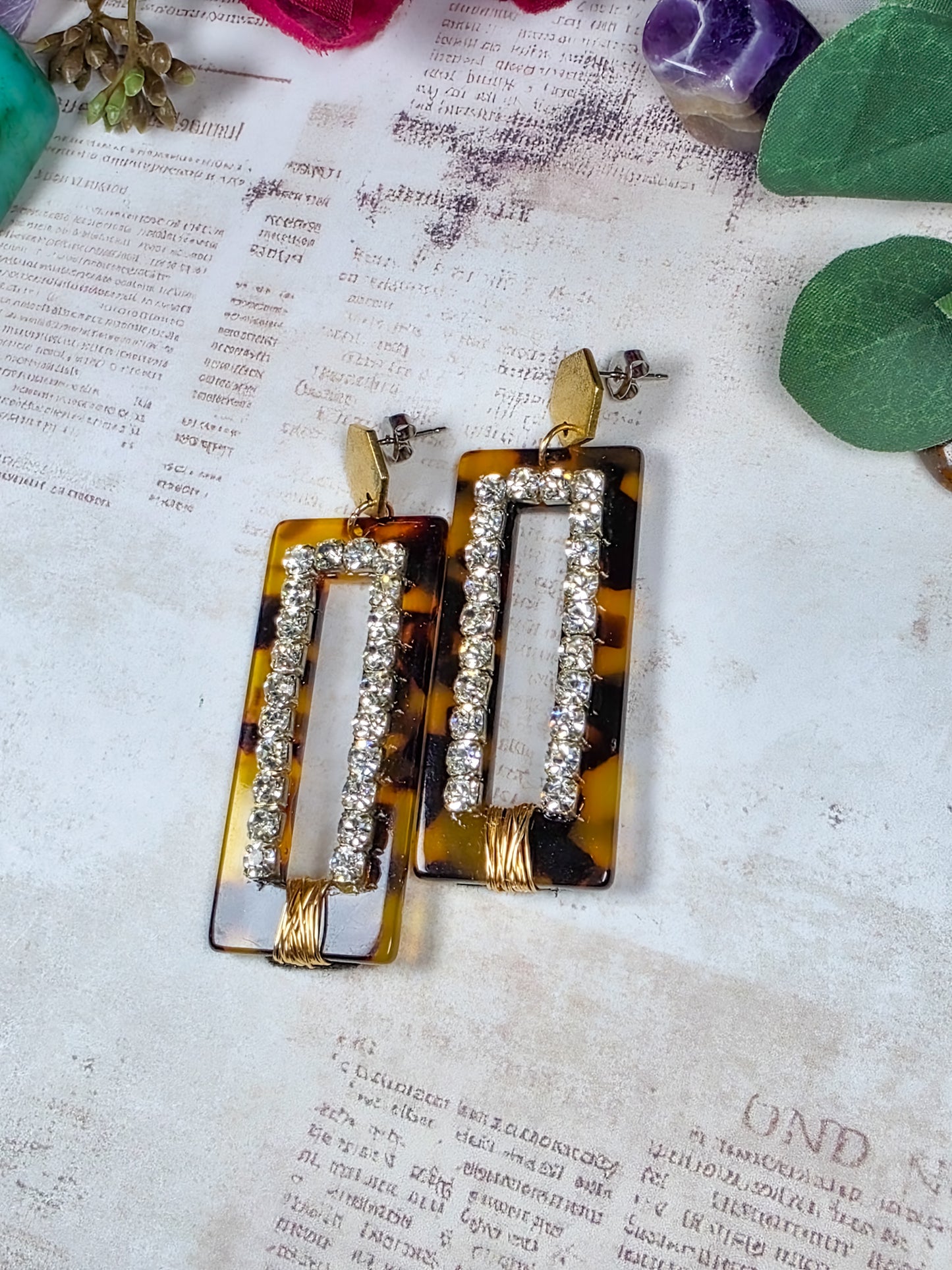 Tortoise acrylic rectangular statement earrings with crystal rhinestones and gold accents