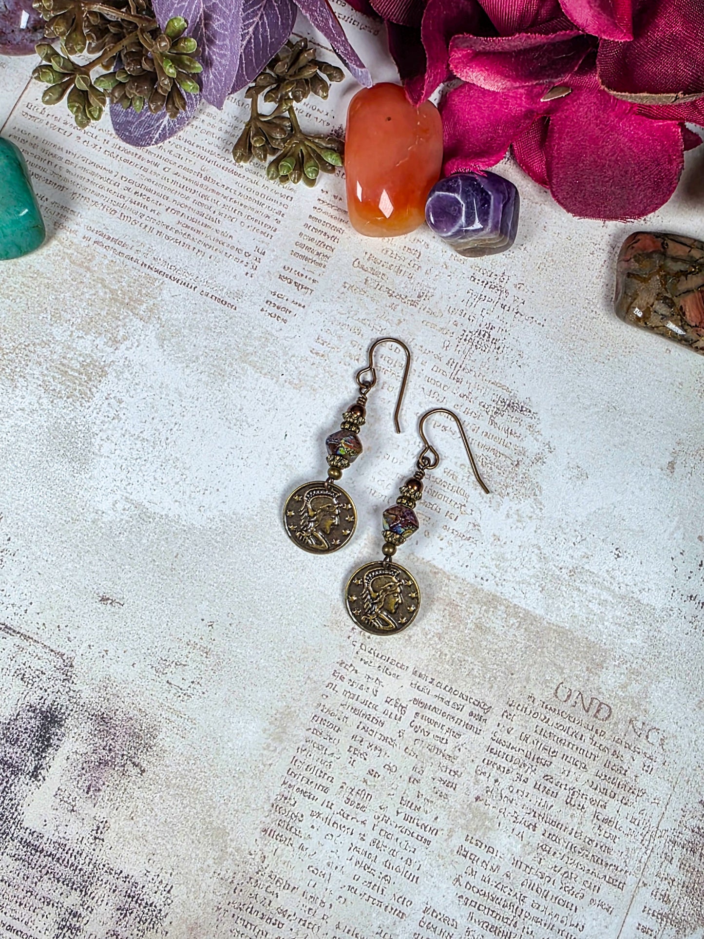 Czech glass earrings with antiqued brass coin charms and ear hooks