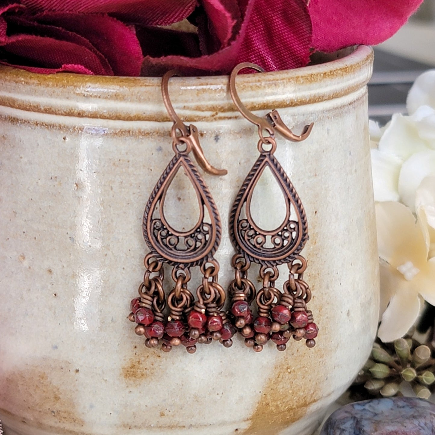 Czech Glass, Copper Metal Drop Earrings. - Nicki Lynn Jewelry
