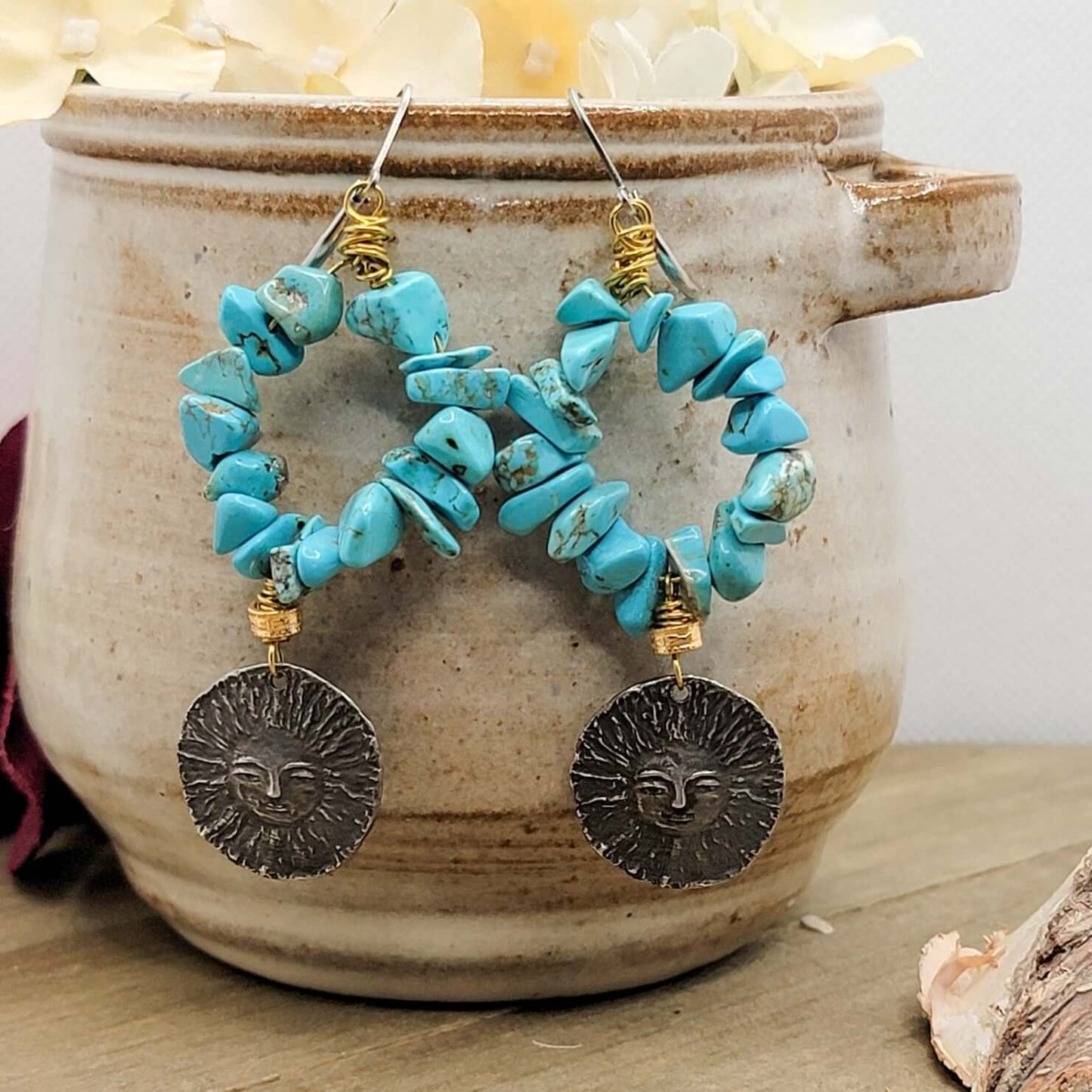 Turquoise Hoops- Artisan Sun Dangle Earrings - Nicki Lynn Jewelry