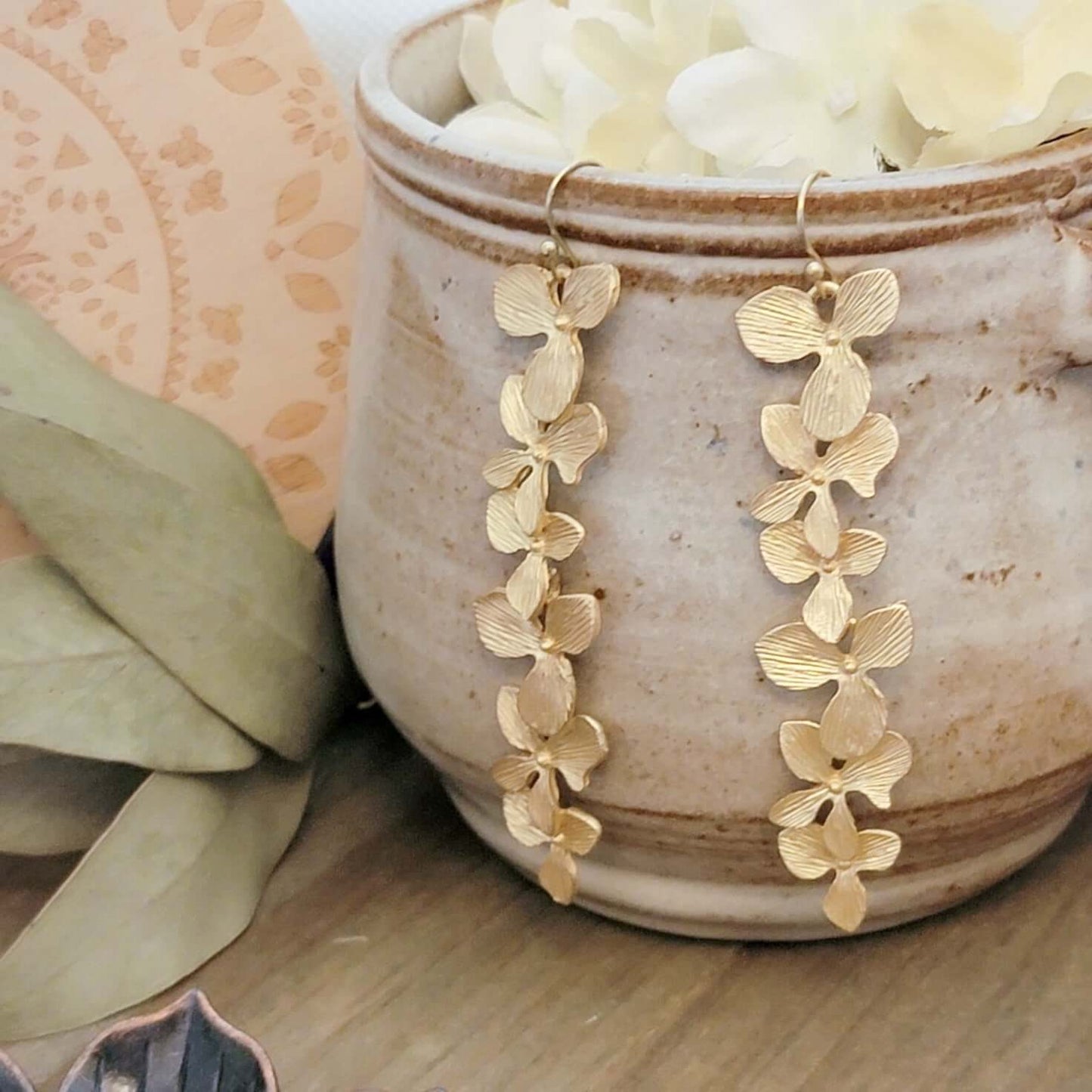 Long Gold Dogwood Earrings, Nicki Lynn Jewelry