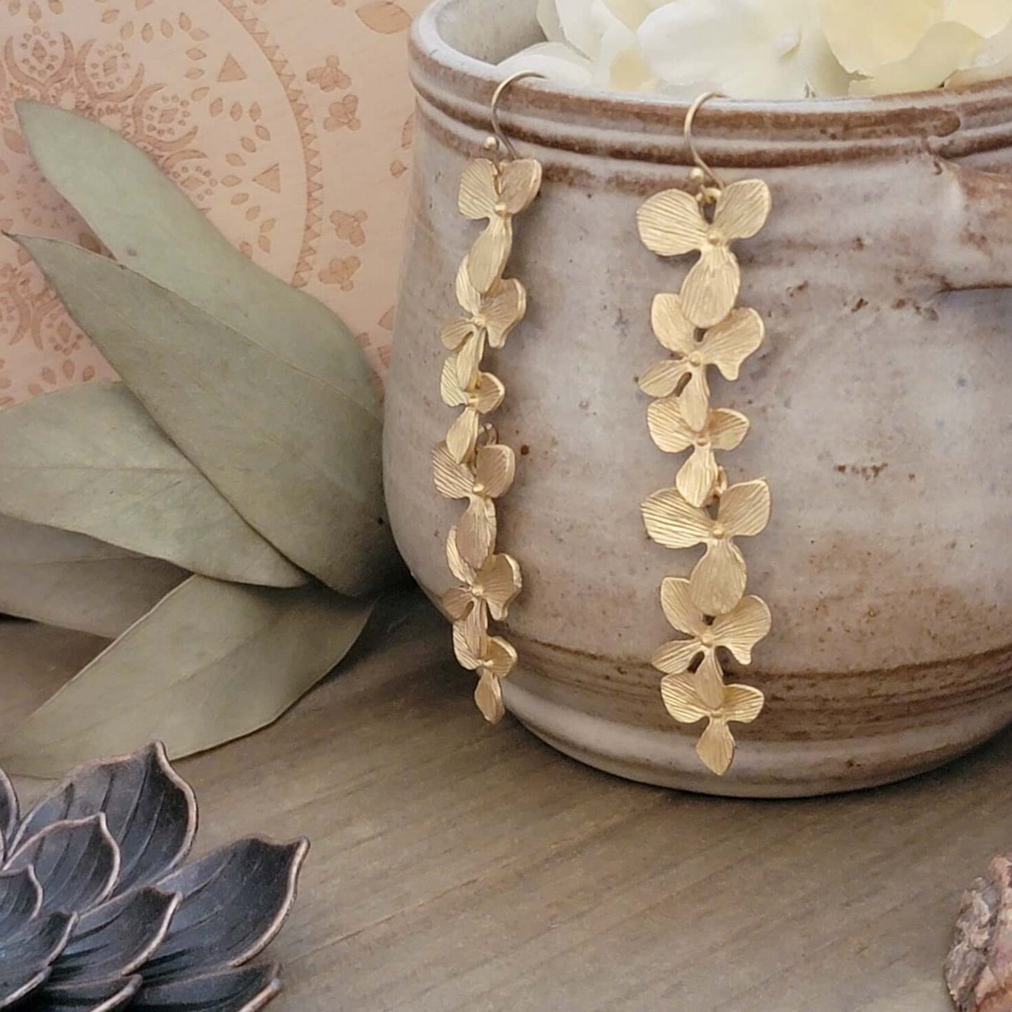 Long Gold Dogwood Earrings, Nicki Lynn Jewelry