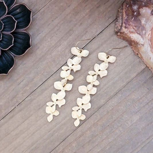 Long Gold Dogwood Earrings, Nicki Lynn Jewelry