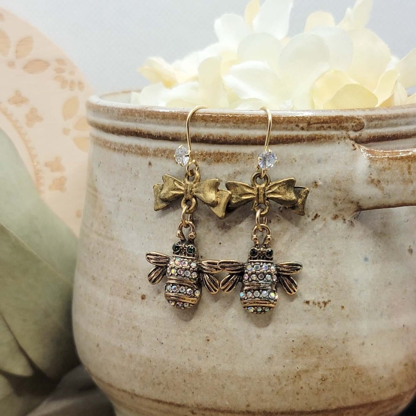 Rhinestone Bees and Bows Drop Earrings, Nicki Lynn Jewelry