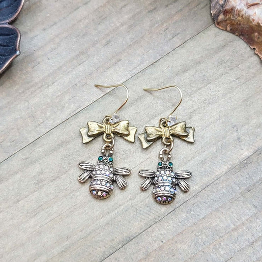 Rhinestone Bees and Bows Drop Earrings, Nicki Lynn Jewelry