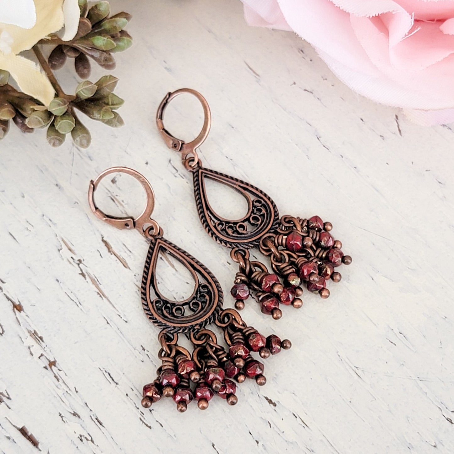 Czech Glass, Copper Metal Drop Earrings. - Nicki Lynn Jewelry