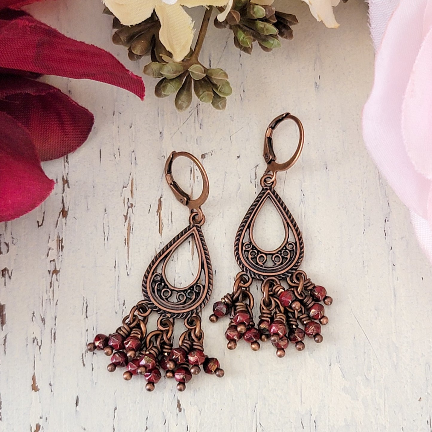Czech Glass, Copper Metal Drop Earrings. - Nicki Lynn Jewelry
