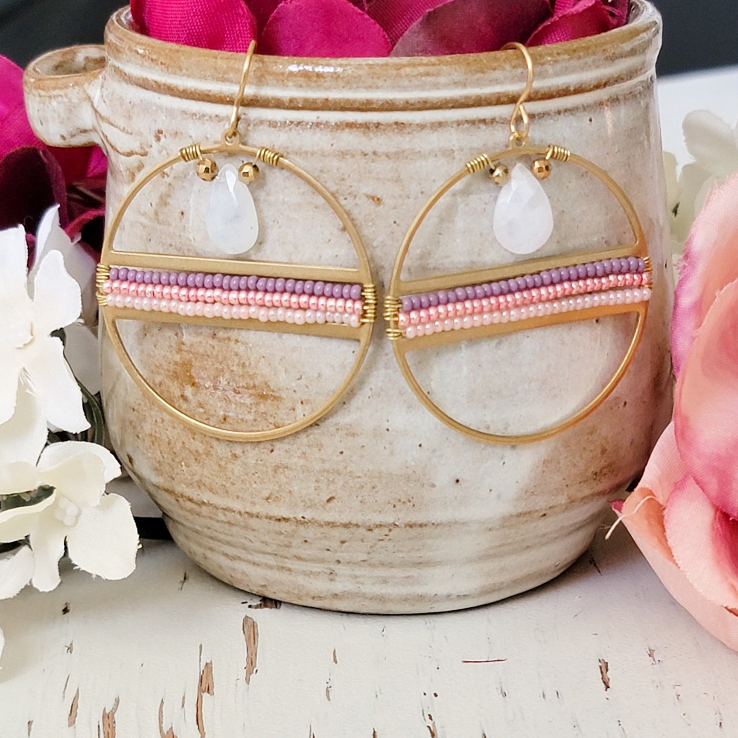 Moonstone Beaded Hoop Earrings - Nicki Lynn Jewelry