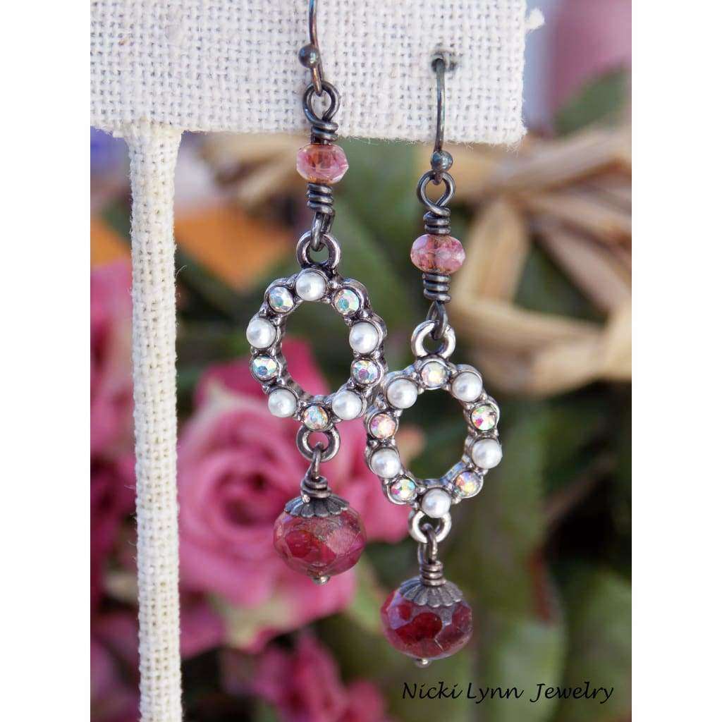 Burgundy Czech Bead and Crystal Pearl Earrings - Nicki Lynn Jewelry