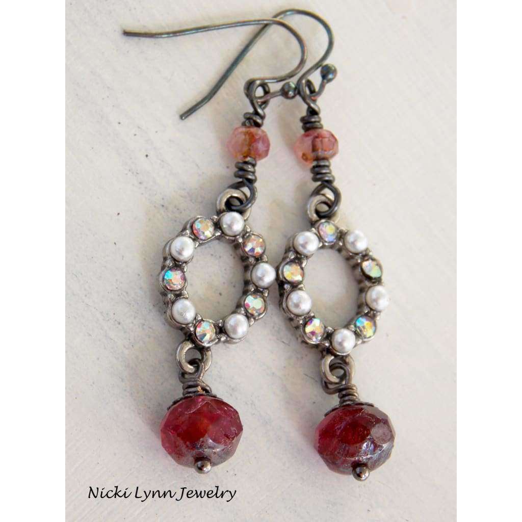 Burgundy Czech Bead and Crystal Pearl Earrings - Nicki Lynn Jewelry