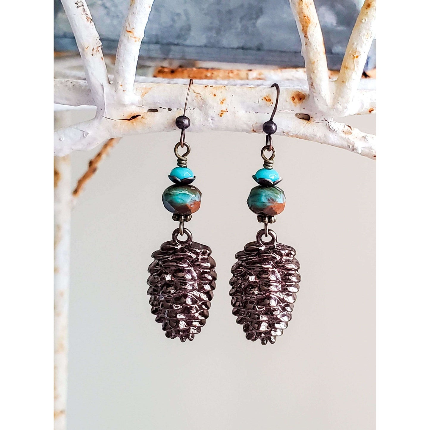 Czech Bead and Pinecone Charm Earrings - Nicki Lynn Jewelry