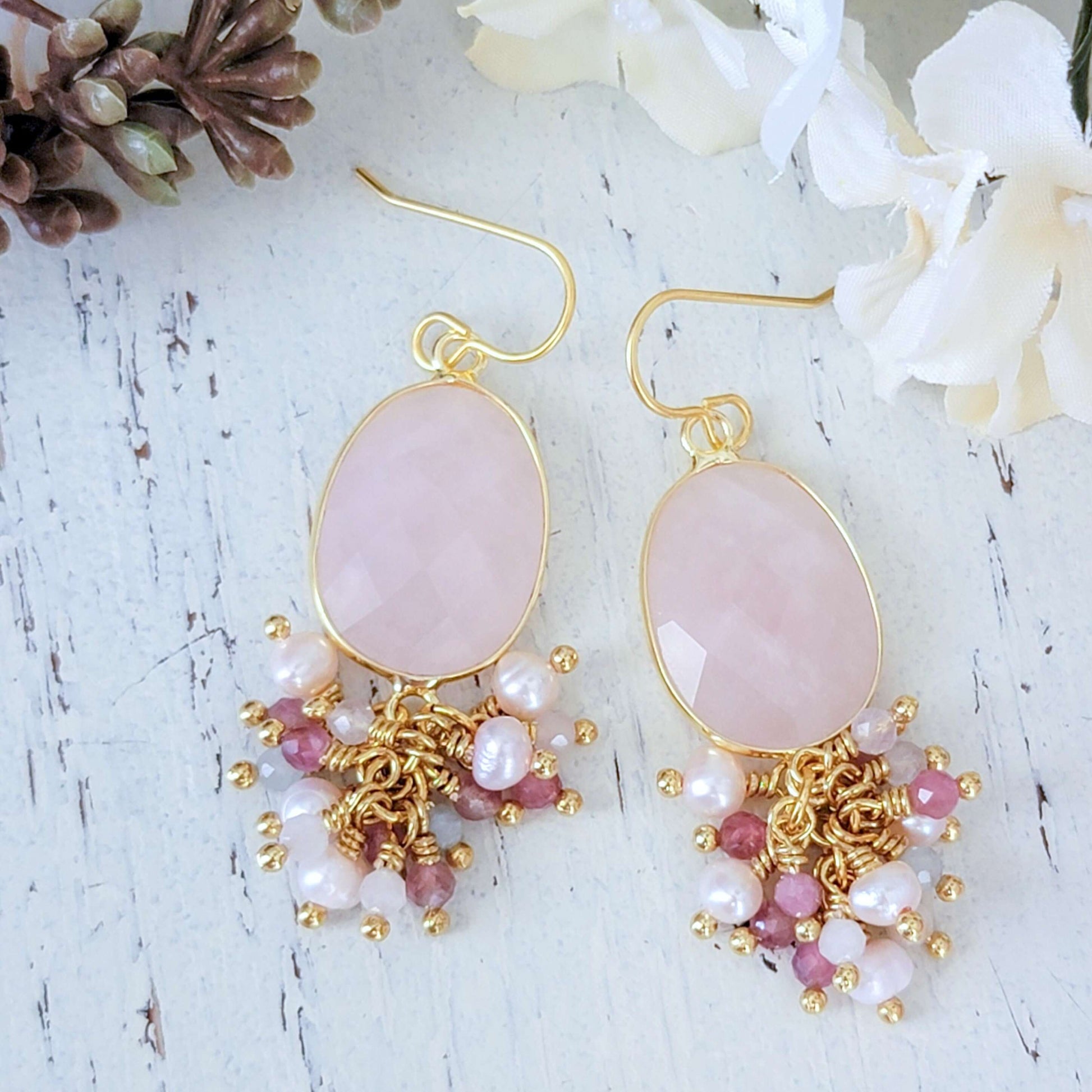 Pink Quartz, Tourmaline, Pearl and Morganite Earrings - Nicki Lynn Jewelry