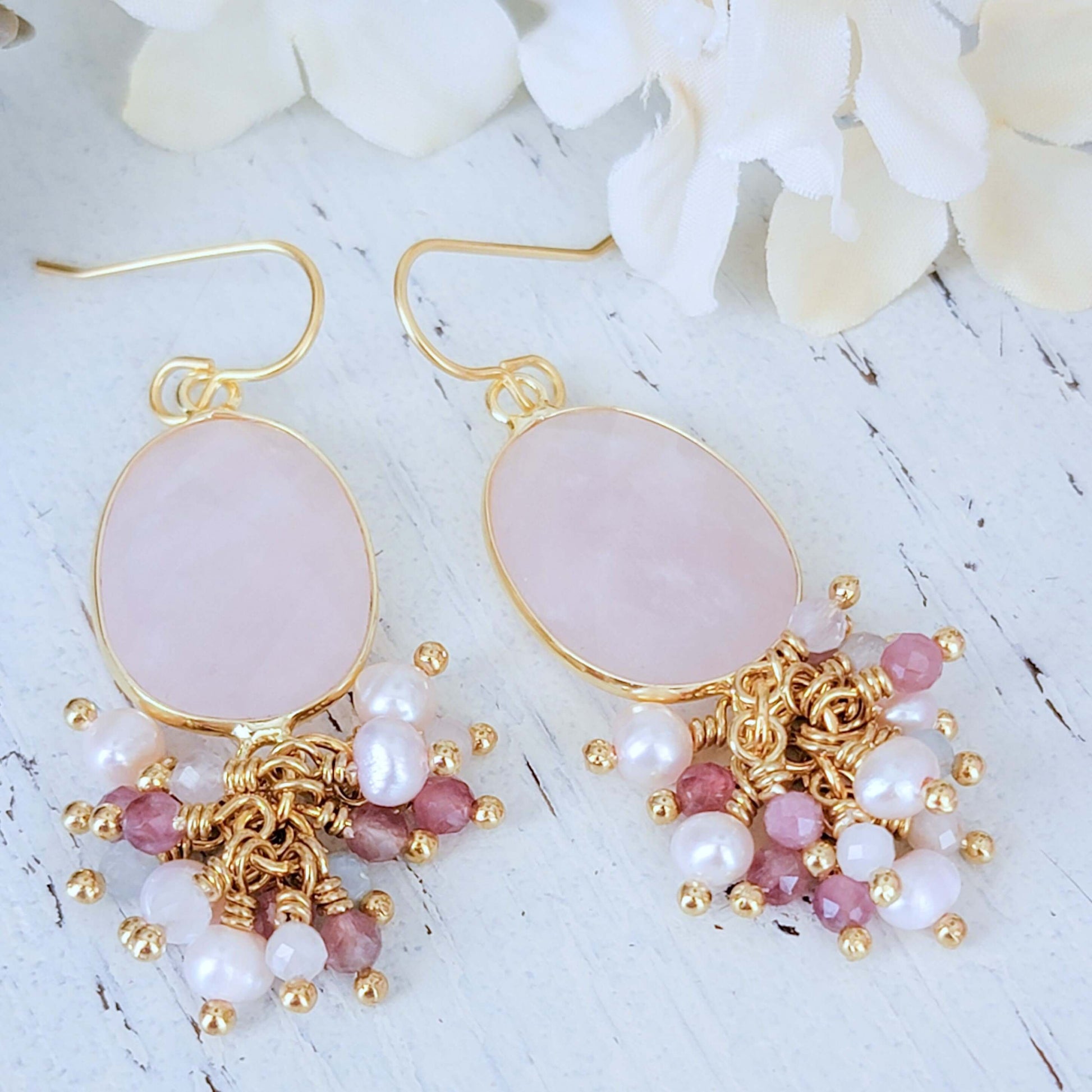 Pink Quartz, Tourmaline, Pearl and Morganite Earrings - Nicki Lynn Jewelry
