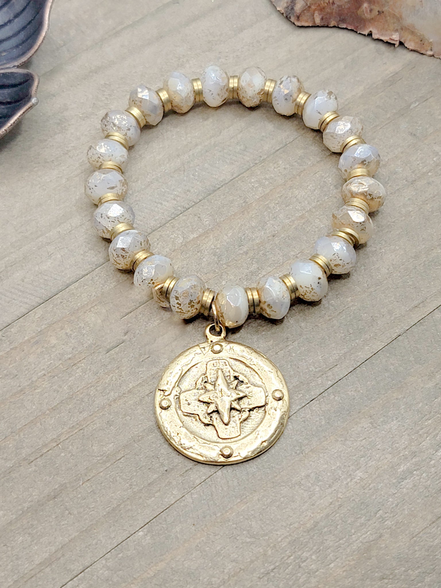 Gold Cross Czech Glass Beaded Bracelet - Nicki Lynn Jewelry