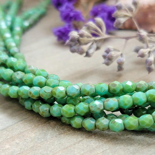4mm Czech Fire Polished Beads-Opaque Green Picasso - Nicki Lynn Jewelry