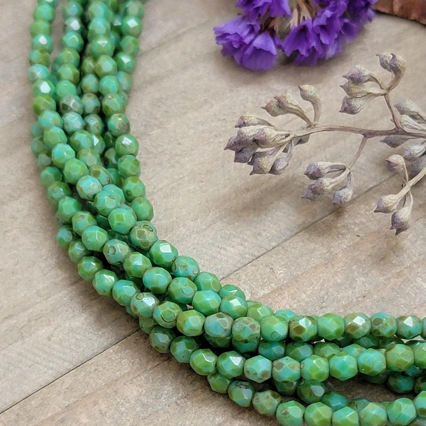 4mm Czech Fire Polished Beads-Opaque Green Picasso - Nicki Lynn Jewelry
