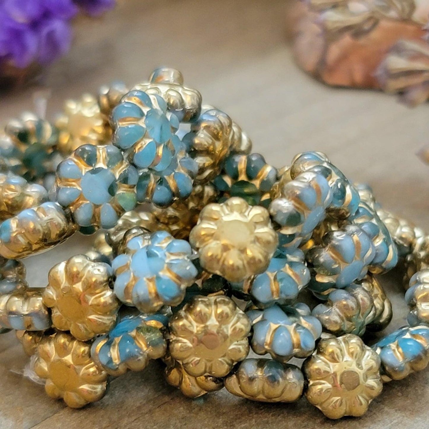 9mm Cactus Flower Sky Blue with a Gold Finish and Gold Wash-25 Beads - Nicki Lynn Jewelry