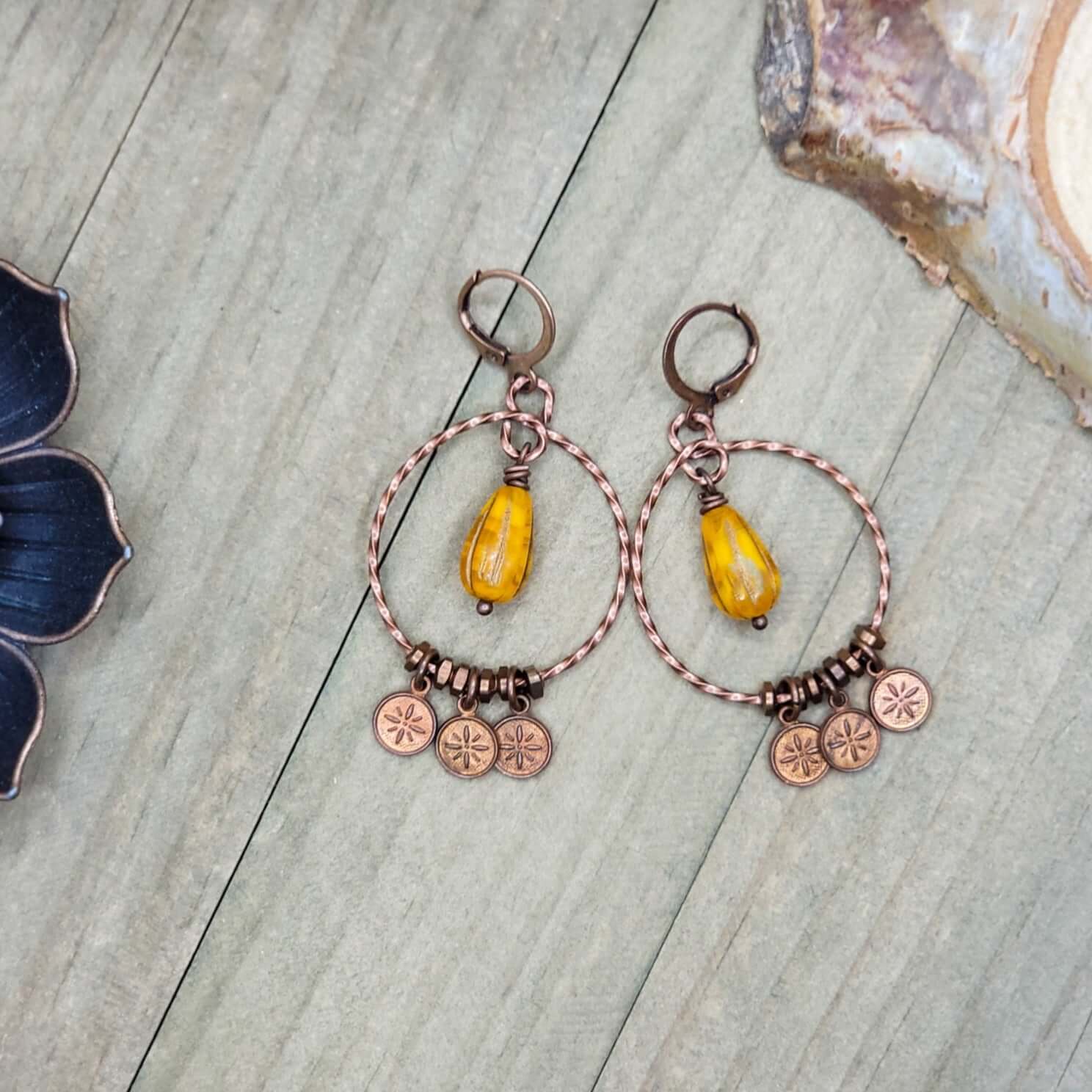 Czech Glass and Copper Hoop Earrings, Nicki Lynn Jewelry 