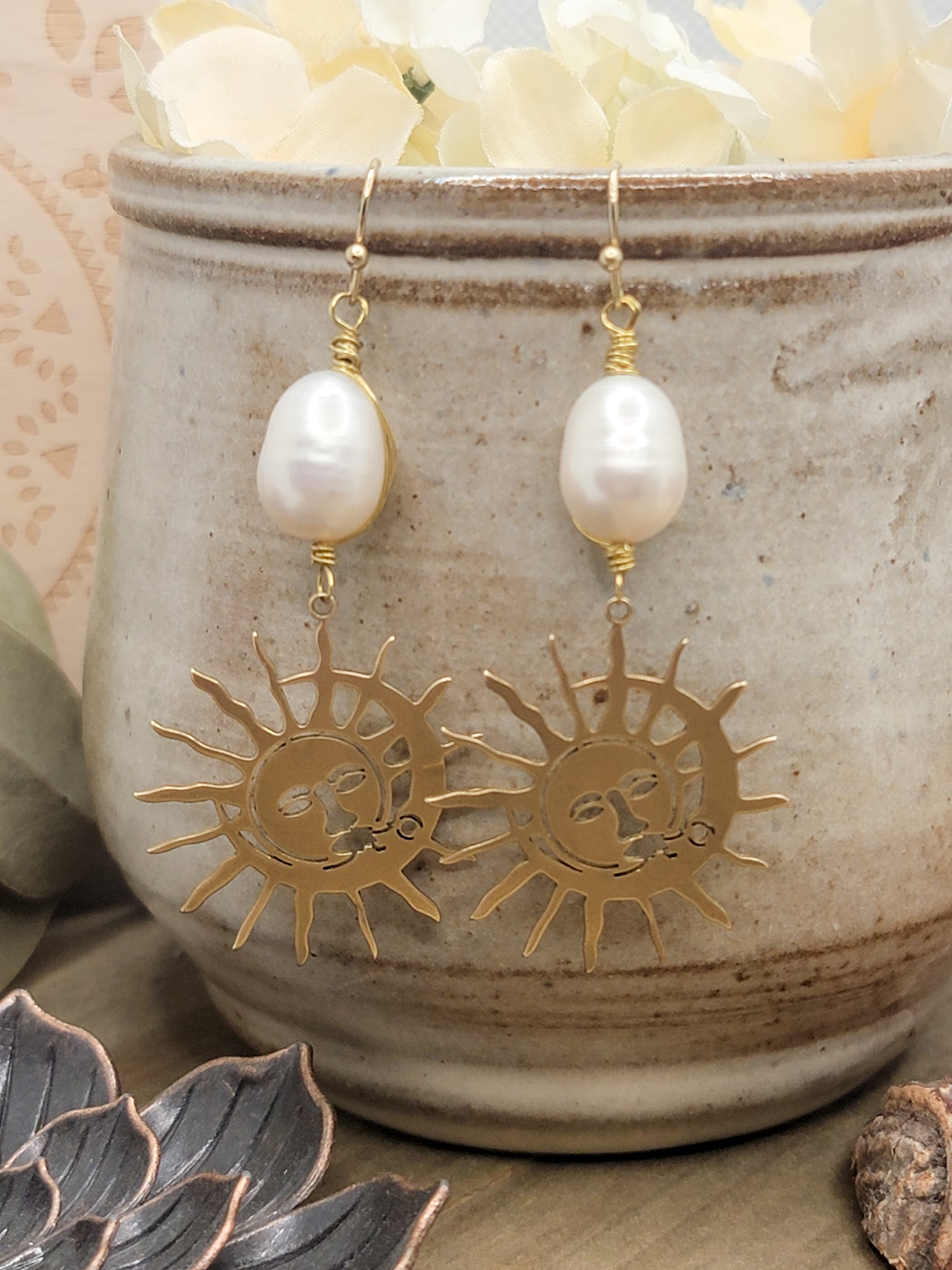 Sun And Pearl Drop Earrings, Nicki Lynn Jewelry 