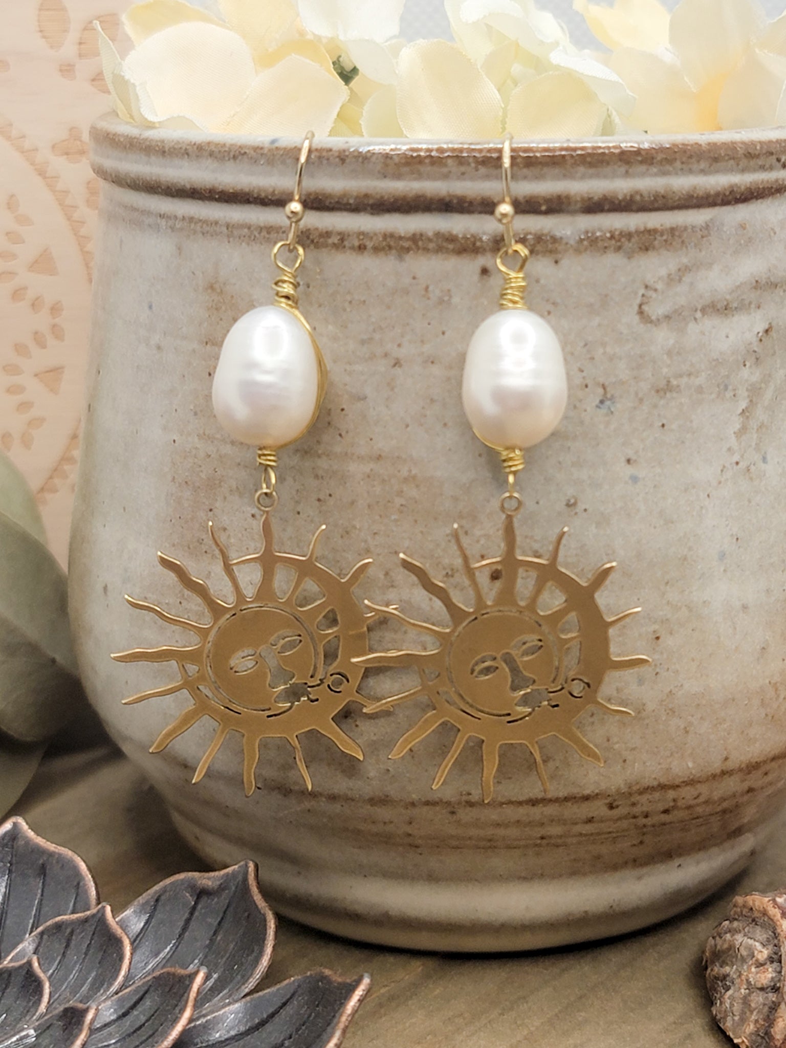 Sun And Pearl Drop Earrings, Nicki Lynn Jewelry 