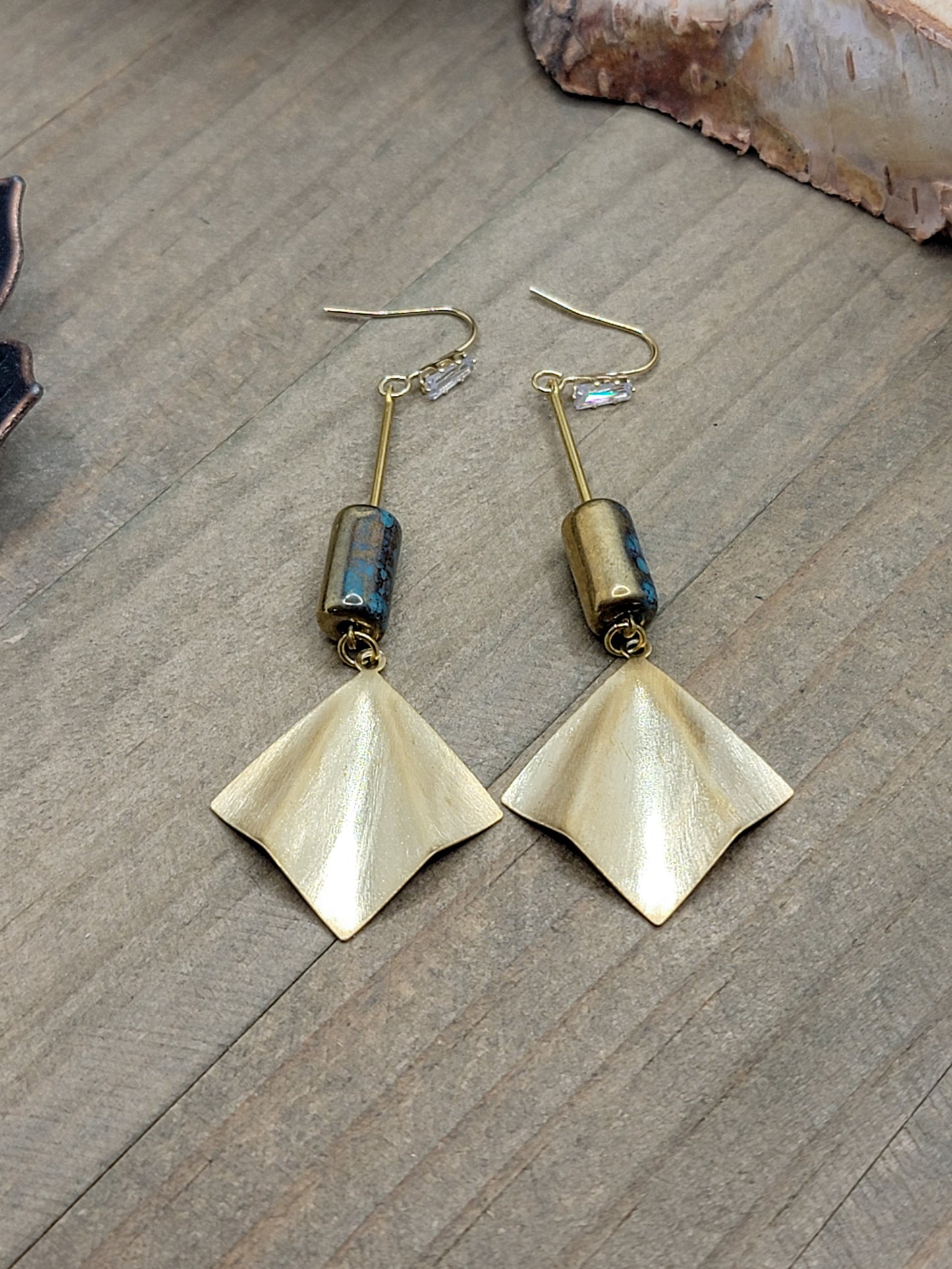 Long Gold Fan and Czech Glass Earrings