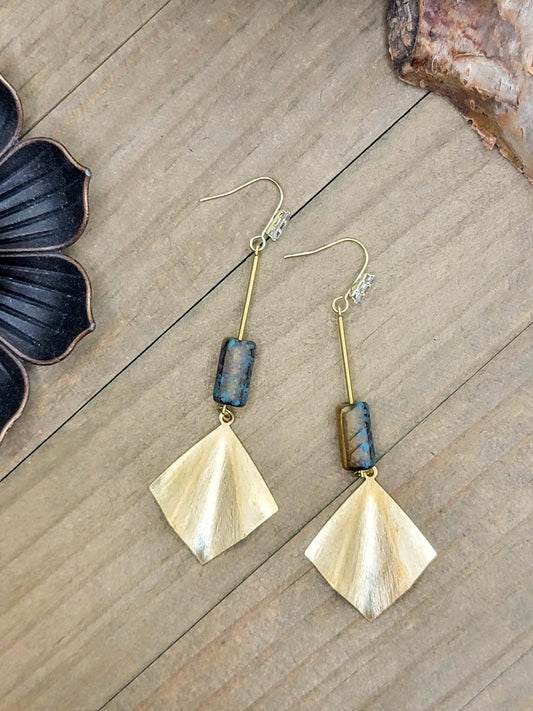 Long Gold Fan and Czech Glass Earrings