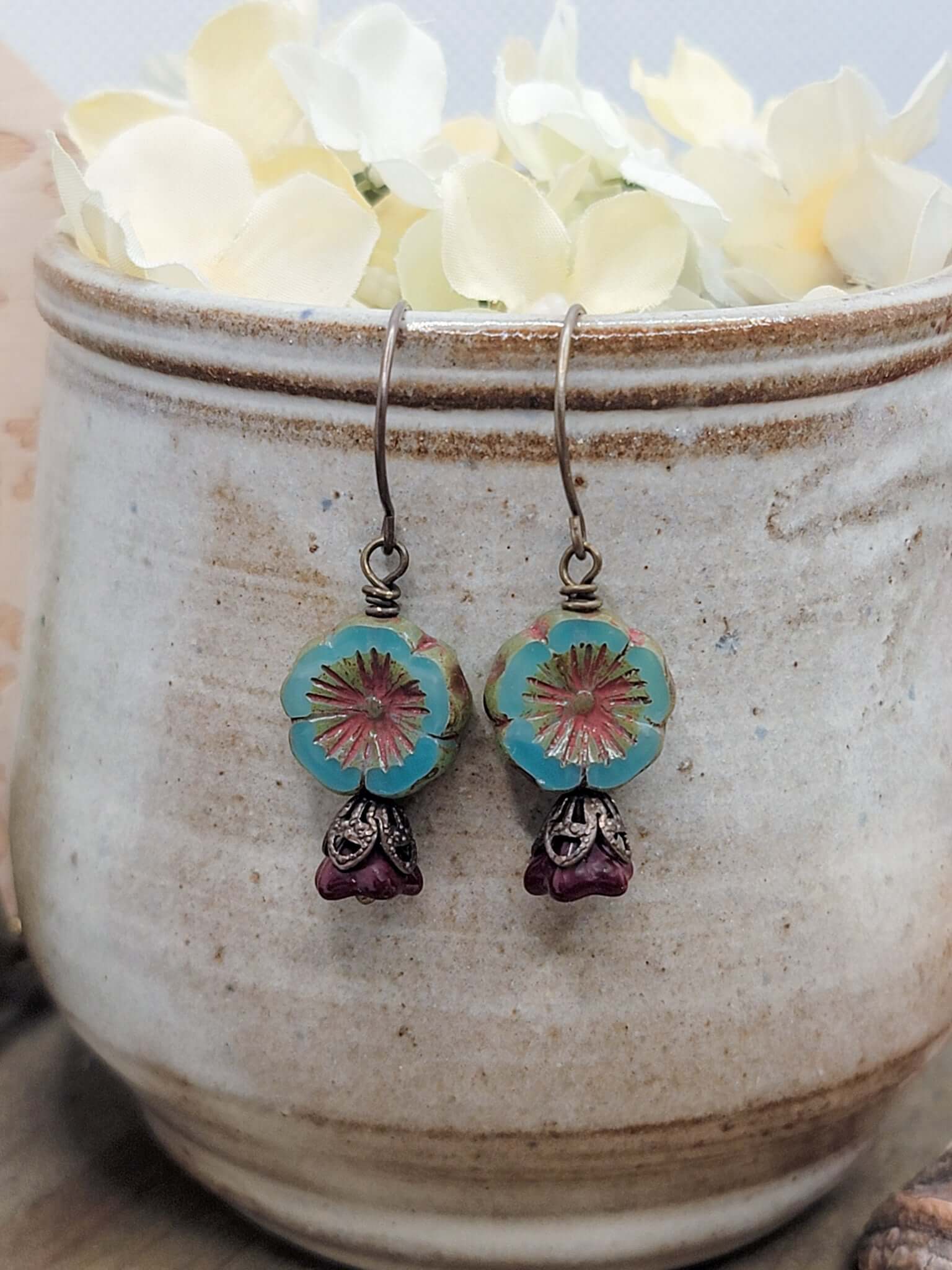 Rustic Blue Flower Boho Earrings