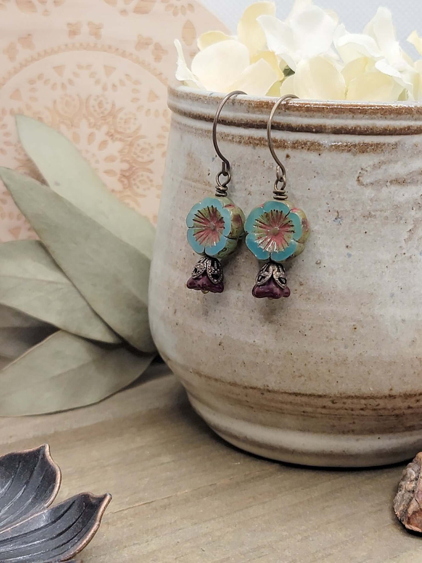 Rustic Blue Flower Boho Earrings