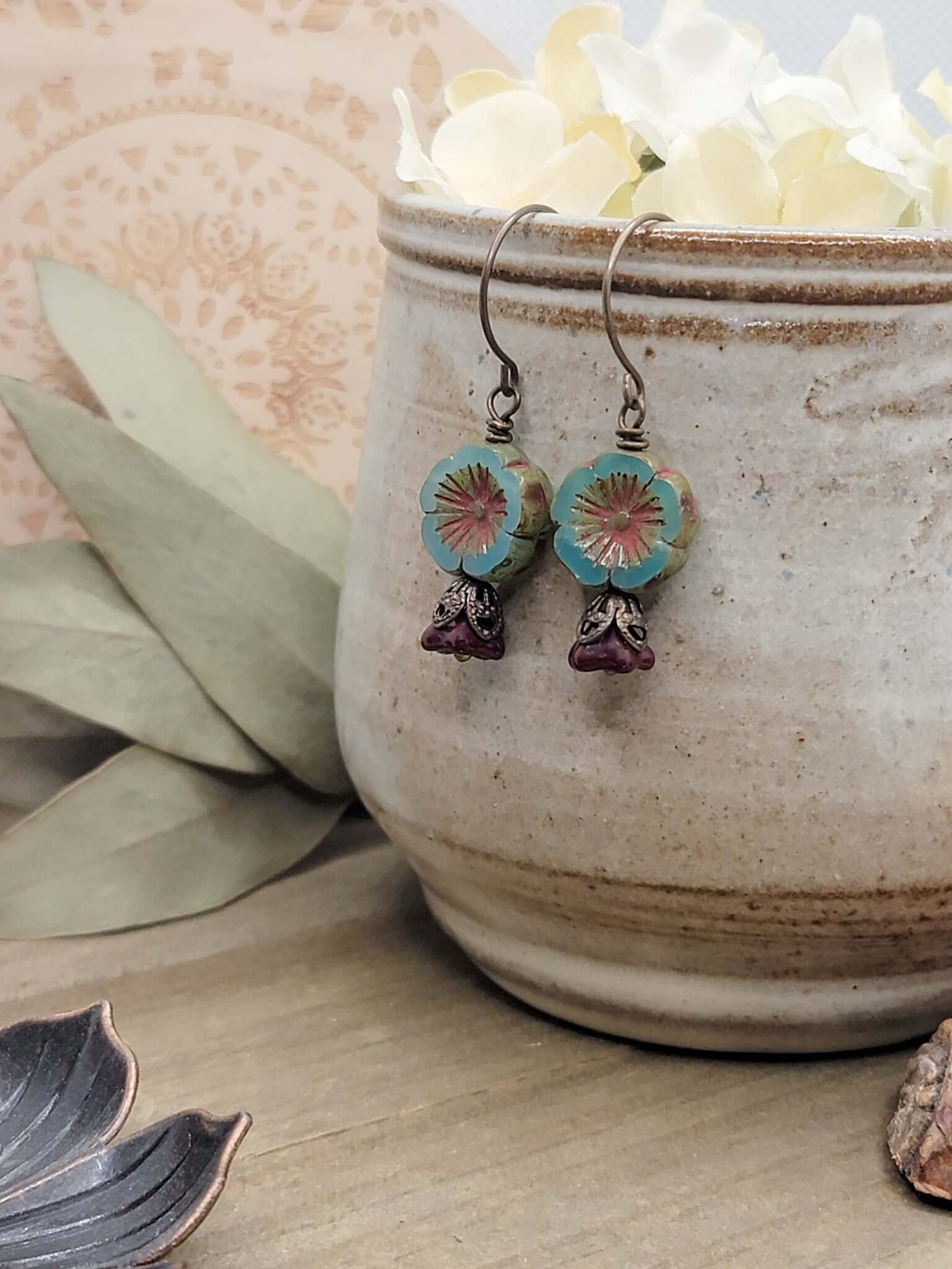 Rustic Blue Flower Boho Earrings