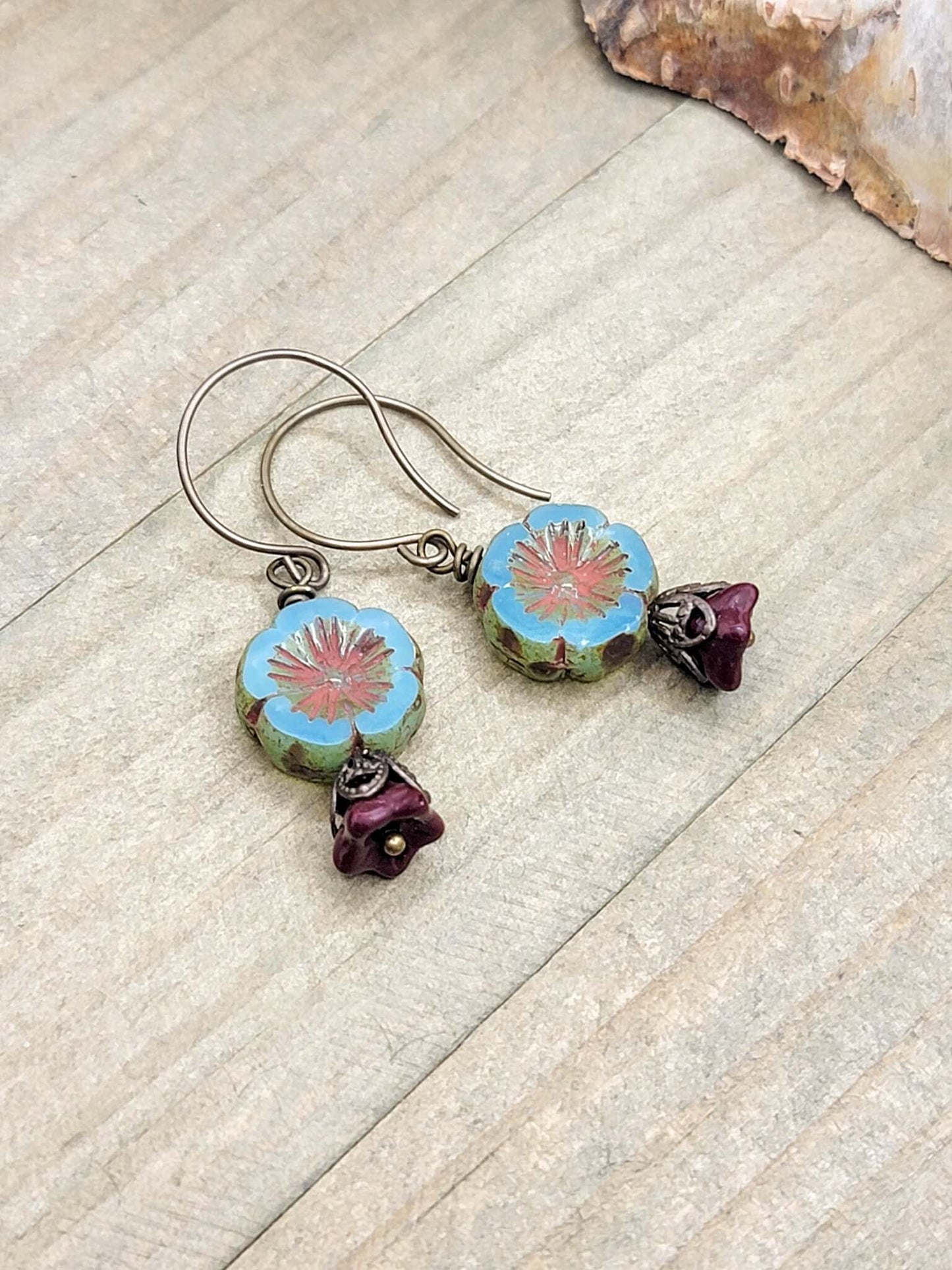 Rustic Blue Flower Boho Earrings