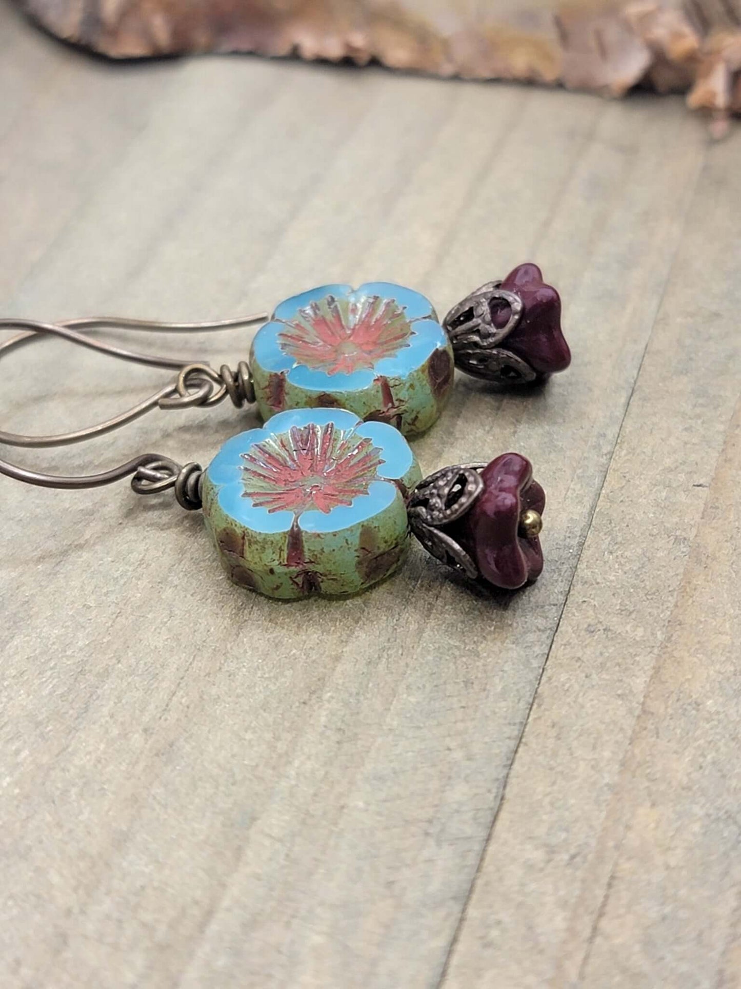 Rustic Blue Flower Boho Earrings