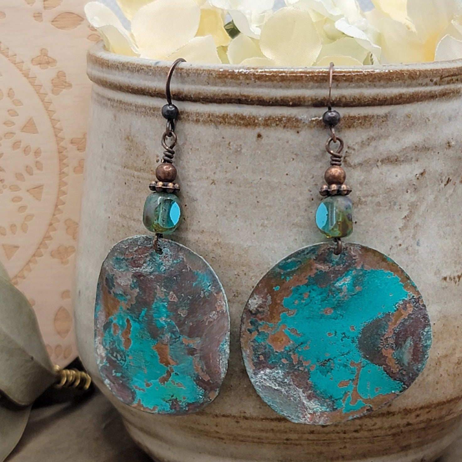 Blue Green Wavy Patina Copper Earrings, Nicki Lynn Jewelry  