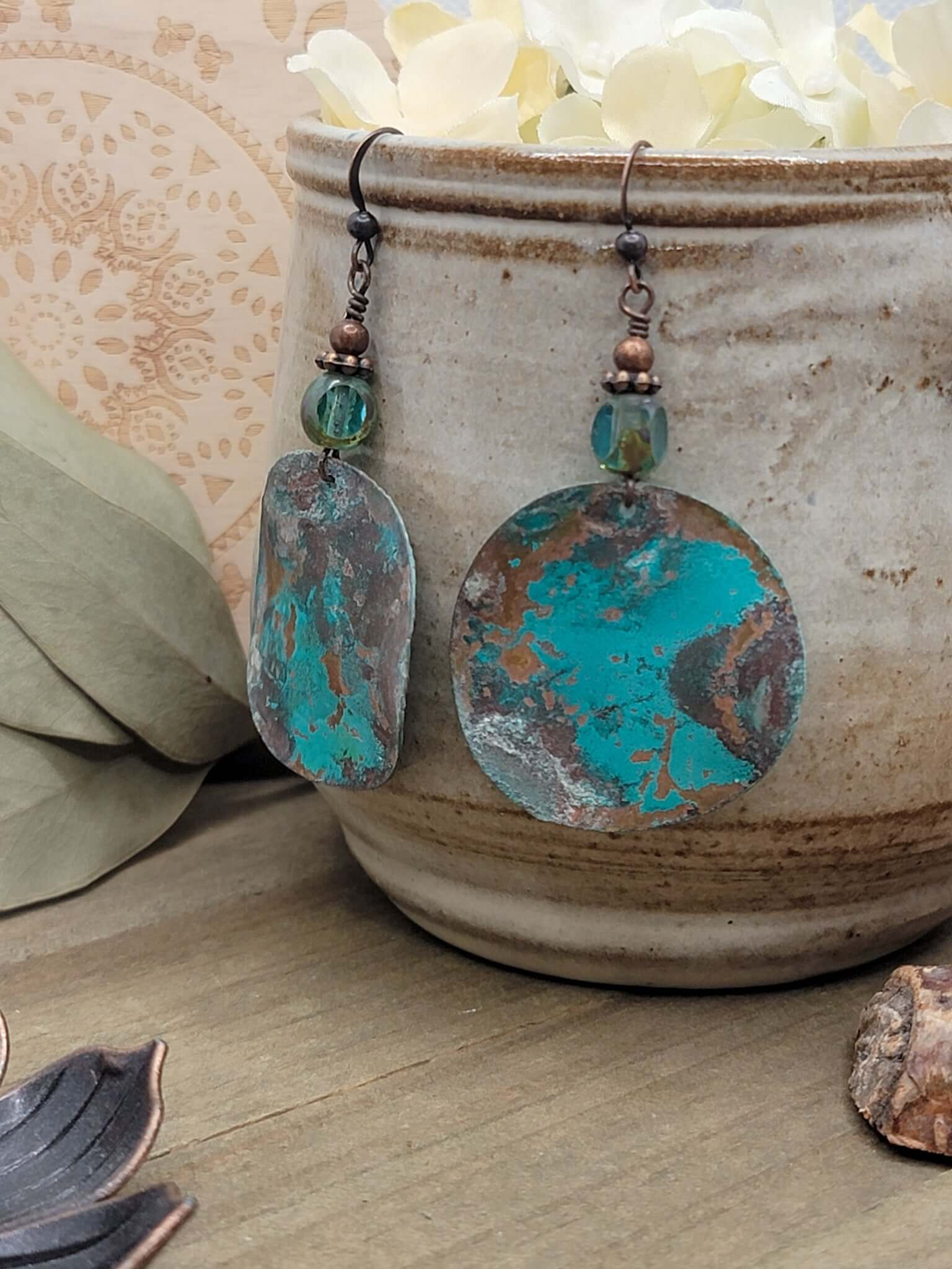 Blue Green Wavy Patina Copper Earrings, Nicki Lynn Jewelry 