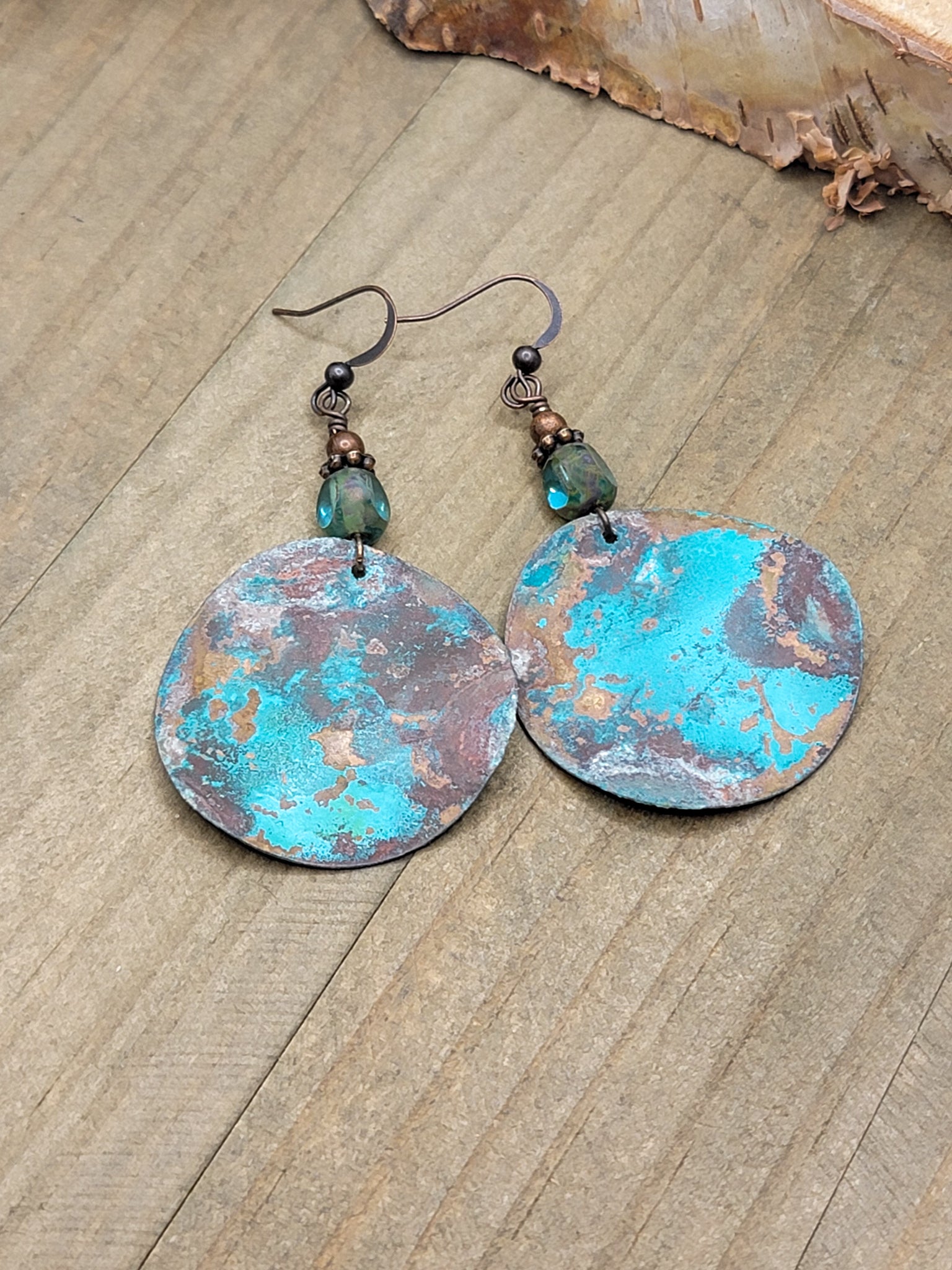 Blue Green Wavy Patina Copper Earrings, Nicki Lynn Jewelry 