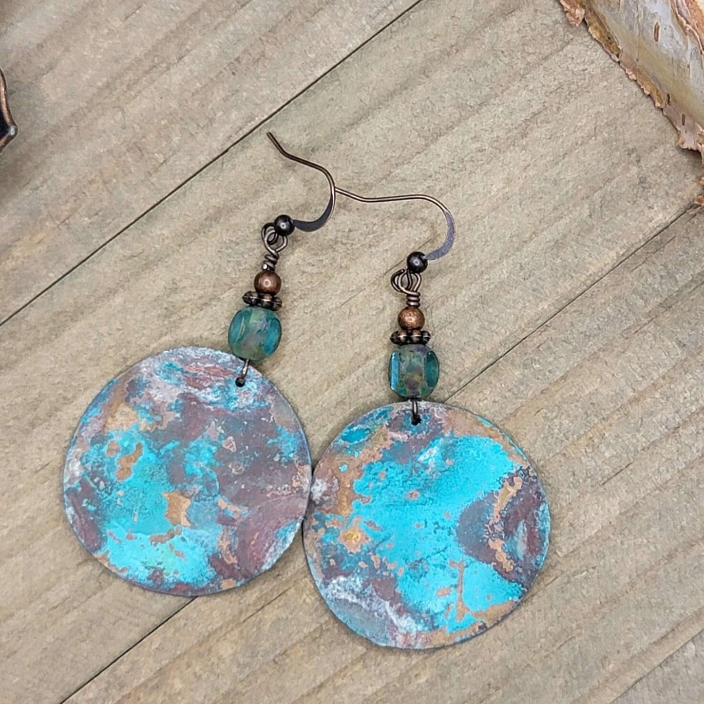 Blue Green Wavy Patina Copper Earrings, Nicki Lynn Jewelry 